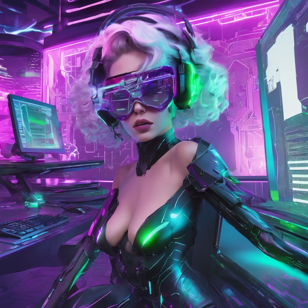 ((Best Quality)), ((Masterpiece)), (Very detailed: 1.3), 3D, NeonNoir, beautiful cyberpunk woman, (wearing thick and high-tech holographic glasses: 1.2), wearing a cape, hacking into a computer terminal, purple neon on the monitor, green neon sign on the wall, (((short white hair: 1.1))), (queen \\ (cold expression \\), sitting in a chair