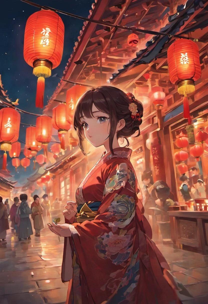 "A brunette girl holds a piece of high quality sugar from a traditional Chinese environment,She wears a dragon-patterned cheongsam:1.4 Has intricate details and vivid cyan blue. She is surrounded by a backdrop of night temple fairs and a starry sky:1.8, Full of festive spirit. The scene is illuminated by soft and natural lighting, Elevate the overall atmosphere. The work should demonstrate ultra-fine drawing techniques:1.8, Emphasis on realism and realism:1.37 details, Capture the essence of a masterpiece:1.2. The image should be of the highest quality,The resolution is 8K, Displays clear and sharp focus:1.8. The color should be bright and vivid, The protrusion of the red lantern:1.8 Add to the overall color scheme. The artistic style should reflect the fusion of traditional Chinese elements:1.4 Has a contemporary aesthetic, Create a visually captivating and evocative presence. The girl's eyes, Lips, And the facial features should be beautiful details, Make sure to accurately portray her expression and appearance。."
Please reply to me with the full prompt you generated。