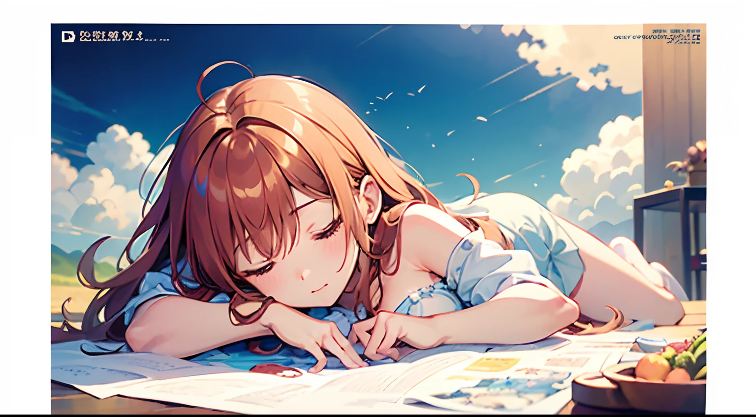 comic strip，Cute and cute 5--old l sleeping on beautiful fluffy clouds，anime big breast，on cloud，Detail enhancement，8K，super-fine，concept-art，number art