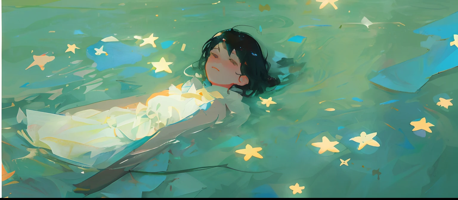 a drawing,A girl lies in bed,There are stars in the sky, brittney lee, conrad roset and makoto shinkai, floating among stars, dreamlike illustration, in style of atey ghailan, ( ( victo ngai ) ), float in the water, inspired by Pascale Campion, by Atey Ghailan