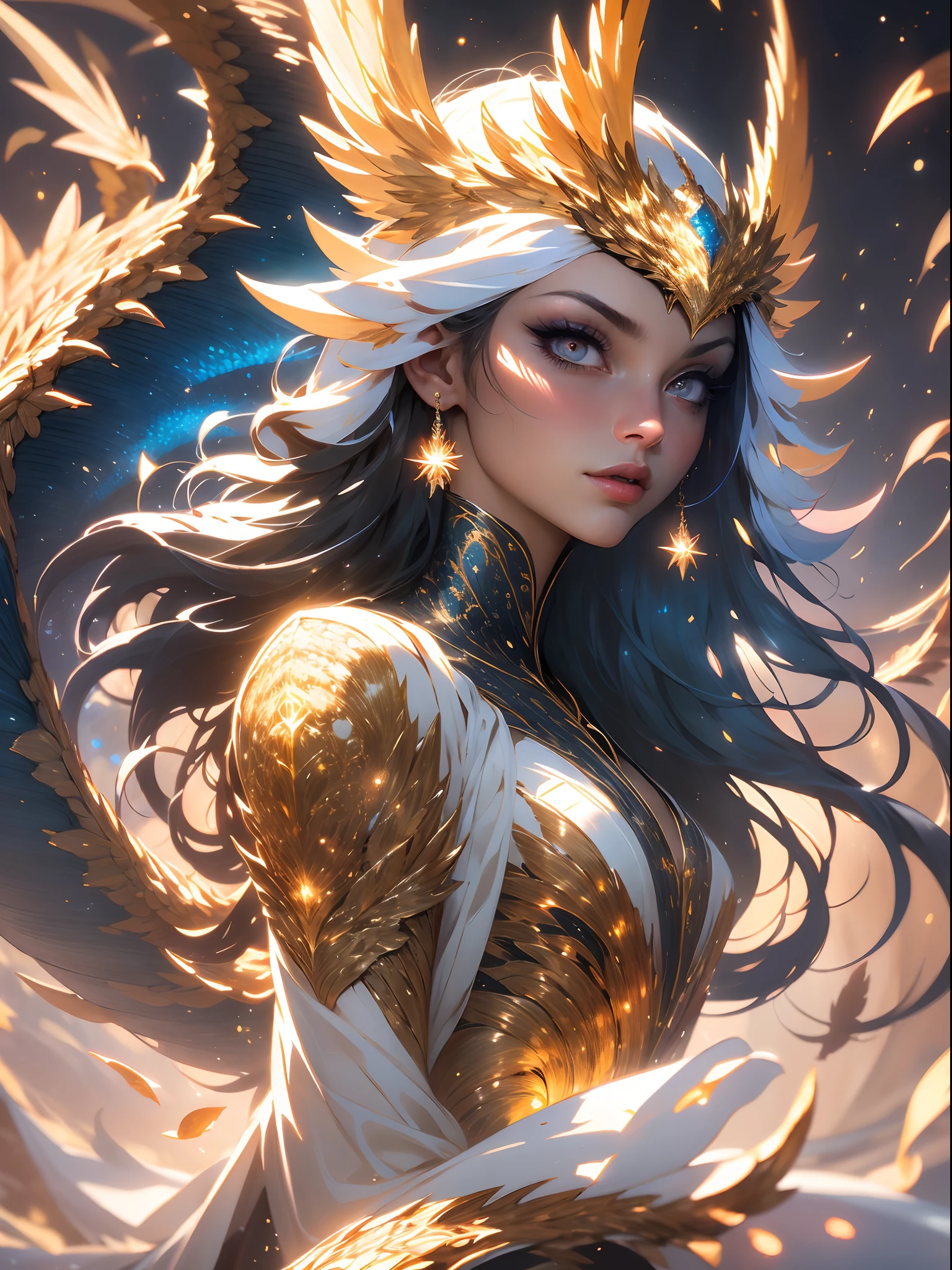 Niko's masterpiece, top quality, best quality, formal art, beautiful and aesthetic: 1.2)، (one girl), highly detailed eyes, (Fractal art: 1.3)-Colorful, more detailed, (perfect face), glowing skin, HDR, ( White robe golden stripes: 1.2)galaxy (Optical lines)-Stunning photos, (Dynamic lines, light paths: 1.2)-Vibrant colors, (Phoenix)، (Dragon)-Masterpiece, Best Quality, (巨作)، (The best) Quality: 1.4)، (extremely high resolution: 1.2)، (extremely realistic: 1.4)، (Realistic: 1.2)