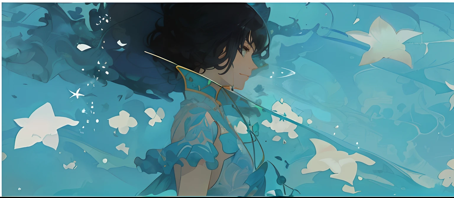 There was a woman under an umbrella in the water, conrad roset and makoto shinkai, A beautiful artwork illustration, Makoto Shinkai Cyril Rolando, victo ngai! cmyk palette, Guviz-style artwork, dreamlike illustration, Sachin Teng, author:Mitsuki Tosa, loish and ross tran