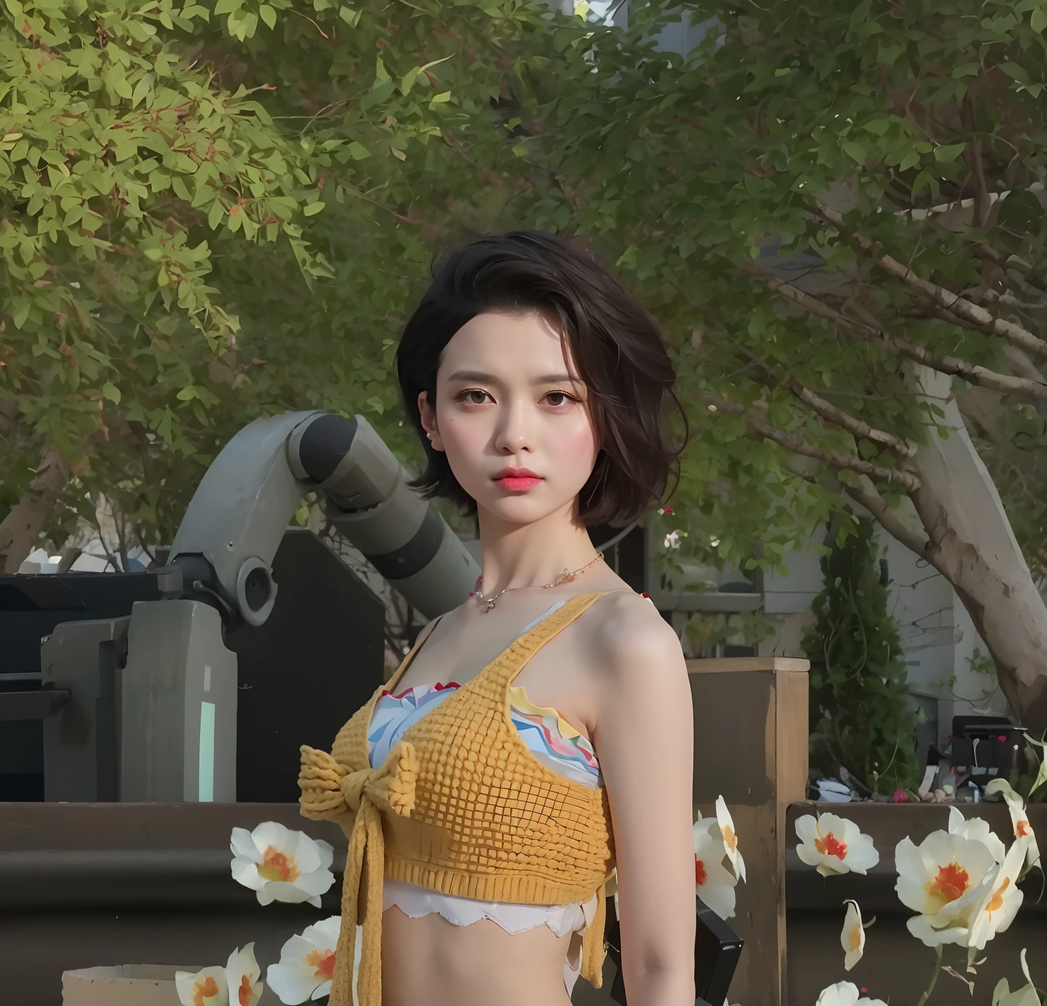 (Best quality, 8k, 32k, Masterpiece, UHD:1.2),Photo of Pretty Japanese woman, large breasts, very short bob hair,upper body,face focus,oversized_sweater, necklace, simple background, from above, looking at viewer,
