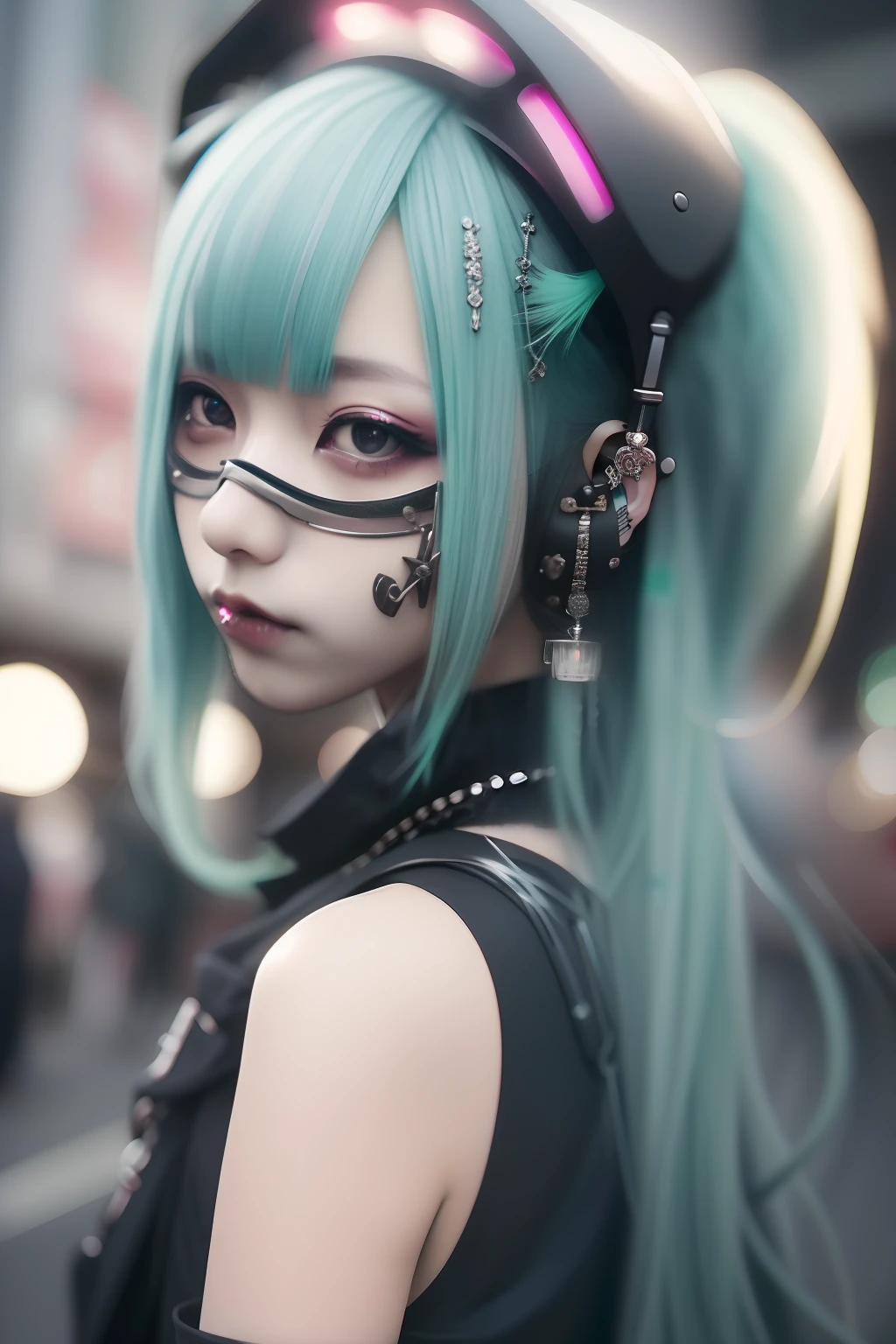 miku hatsune、Sleeveless、head phone、Green hair、Green-haired、goth_punk, 1girl in, 独奏, medium shot, Walking in Harajuku, ((during night)), bokeh dof, Neon light, Iridescent eyes, starrysky, Black shiny hair, White eyebrows, Radiant hair, (iridescent red hair), 耳Nipple Ring, bangss, jewely, masks, bluntbangs, verd s eyes, Mouth mask, blurry backround, bblurry, hair adornments, Look at viewers, shorth hair, portraitures, side locks