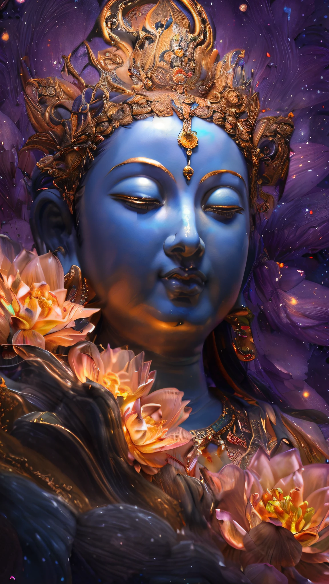 There is a statue of a woman with flowers in her hair, Goddess. extremely high detail, goddess close-up portrait, extremely detailed goddess shot, beautiful art uhd 4 k, serene expressions, 3 d goddess portrait, goddess of love and peace, lotuses, Buddha, portrait of a beautiful goddess, marc adamus, portrait shot, buddhism