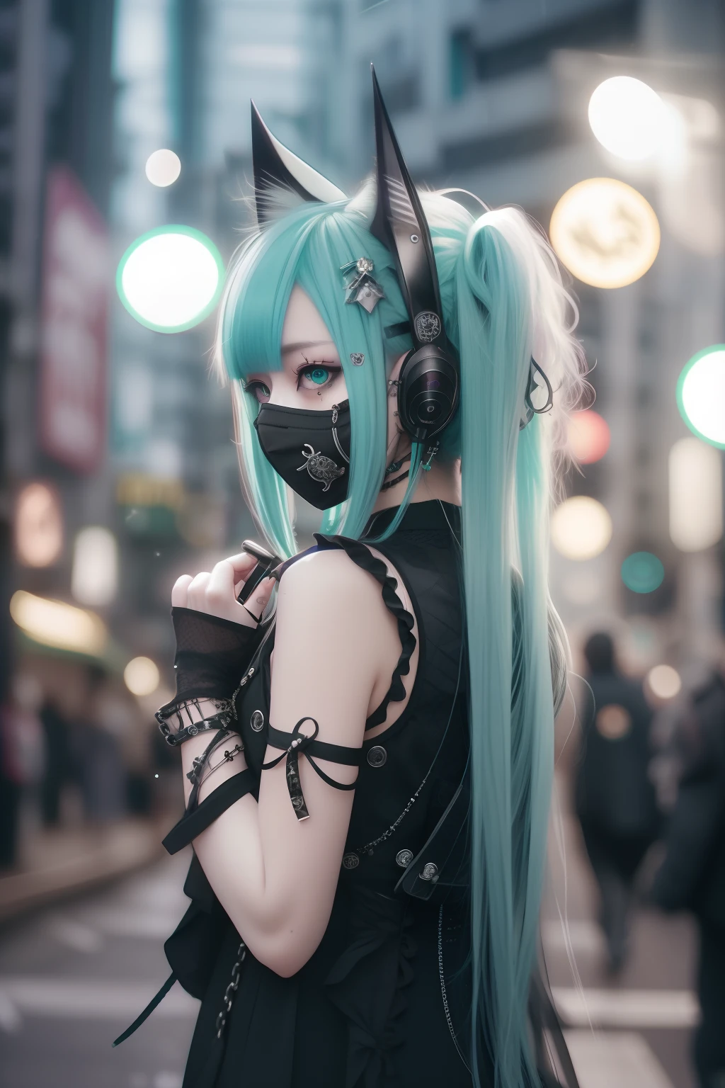 miku hatsune、Sleeveless、head phone、Green hair、Green-haired、goth_punk, 1girl in, 独奏, medium shot, Walking in Harajuku, ((during night)), bokeh dof, Neon light, Iridescent eyes, starrysky, Black shiny hair, White eyebrows, Radiant hair, (iridescent red hair), 耳Nipple Ring, bangss, jewely, masks, bluntbangs, verd s eyes, Mouth mask, blurry backround, bblurry, hair adornments, Look at viewers, shorth hair, portraitures, side locks