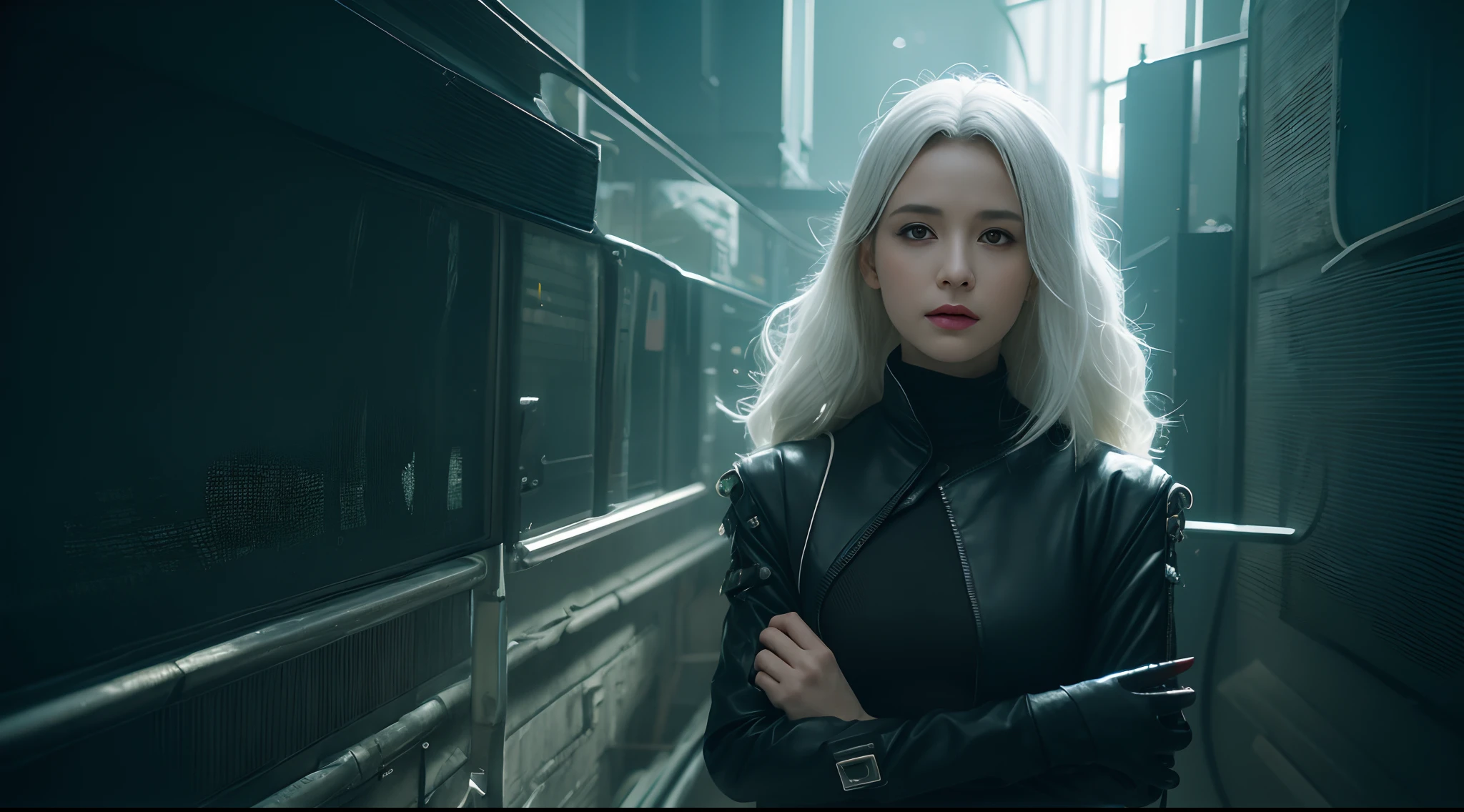 From the movie Matrix ，movie footage,，3D, A young white haired girl from Germany,A beautiful cyberpunk female image,hdr（HighDynamicRange）,Ray traching,NVIDIA RTX,Hyper-Resolution,Unreal 5,Subsurface scattering、PBR Texture、post-proces、Anisotropy Filtering、depth of fields、maximum definition and sharpness、Many-Layer Textures、Albedo e mapas Speculares、Surface coloring、Accurate simulation octane rendering of light-material interactions、Two-colored light、largeaperture、Low ISO、White balance、the rule of thirds、8K raw data、blackstockings