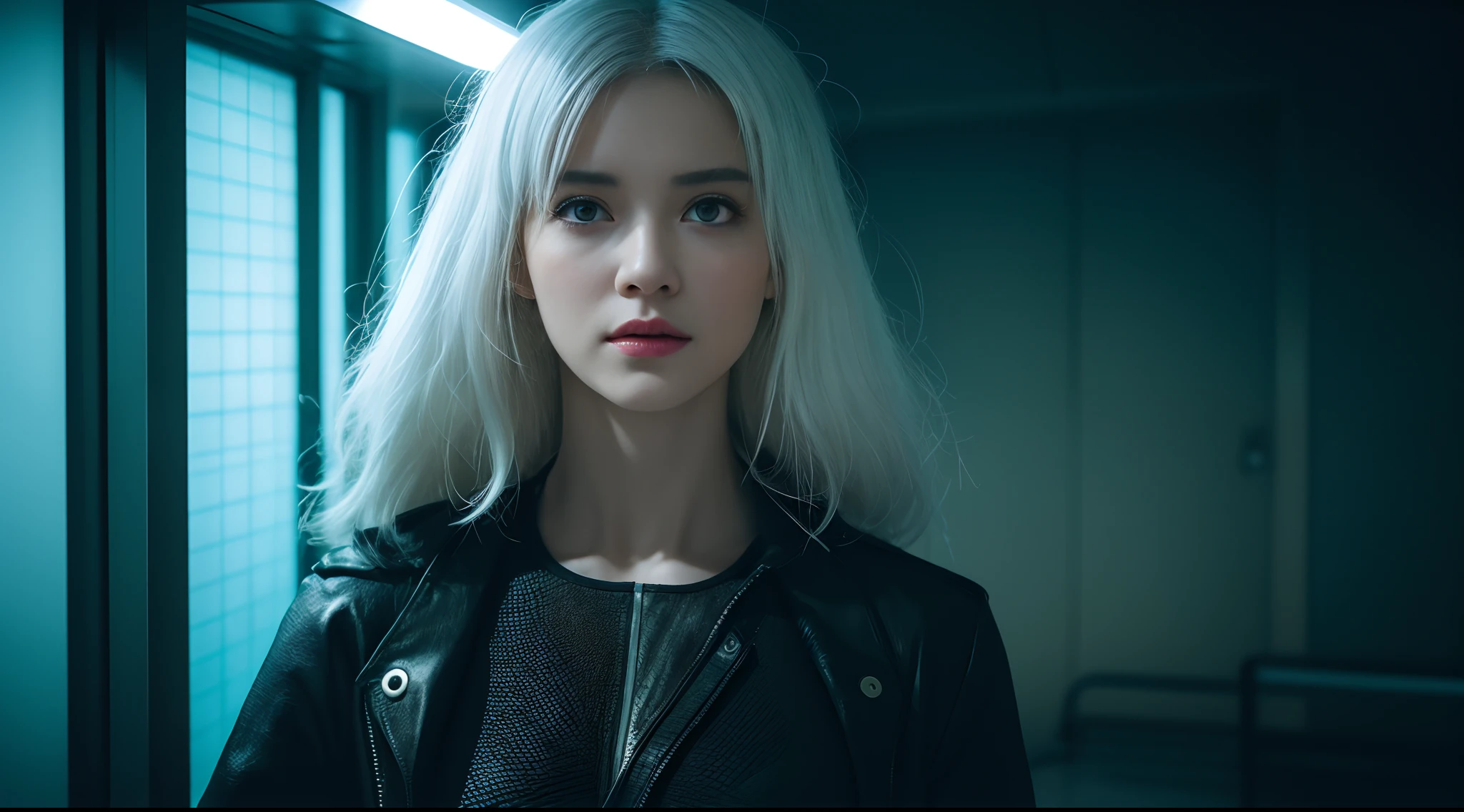 From the movie Matrix ，movie footage,，3D, A young white haired girl from Germany,A beautiful cyberpunk female image,hdr（HighDynamicRange）,Ray traching,NVIDIA RTX,Hyper-Resolution,Unreal 5,Subsurface scattering、PBR Texture、post-proces、Anisotropy Filtering、depth of fields、maximum definition and sharpness、Many-Layer Textures、Albedo e mapas Speculares、Surface coloring、Accurate simulation octane rendering of light-material interactions、Two-colored light、largeaperture、Low ISO、White balance、the rule of thirds、8K raw data、blackstockings