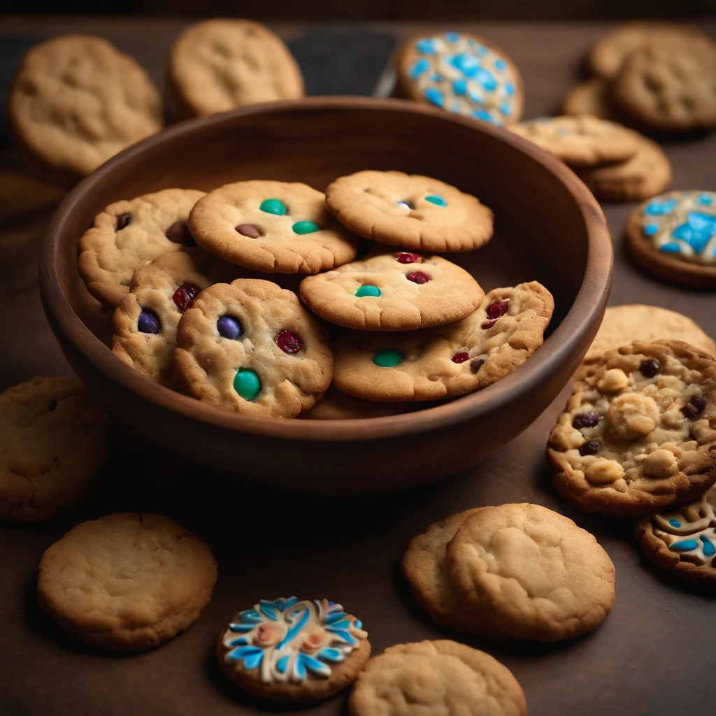 A wooden bowl filled with delicious cookies on the table, Still life by Jean-Pierre Noblin de la Gourdan, featured on cg society, artsy photography, photo taken with ektachrome, Photo taken with Nikon D750, macro photography