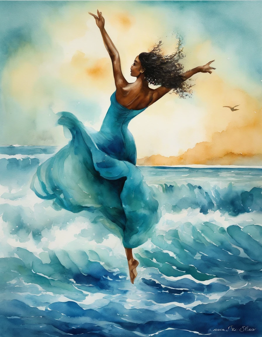 Dancers fly in the air,The waves moved in front of her, Teal and blue style, photorealistic landscapes, Kerem couplet, Poetic elegance, Surrealist pose, Ephraim Moses Lily, UHD image