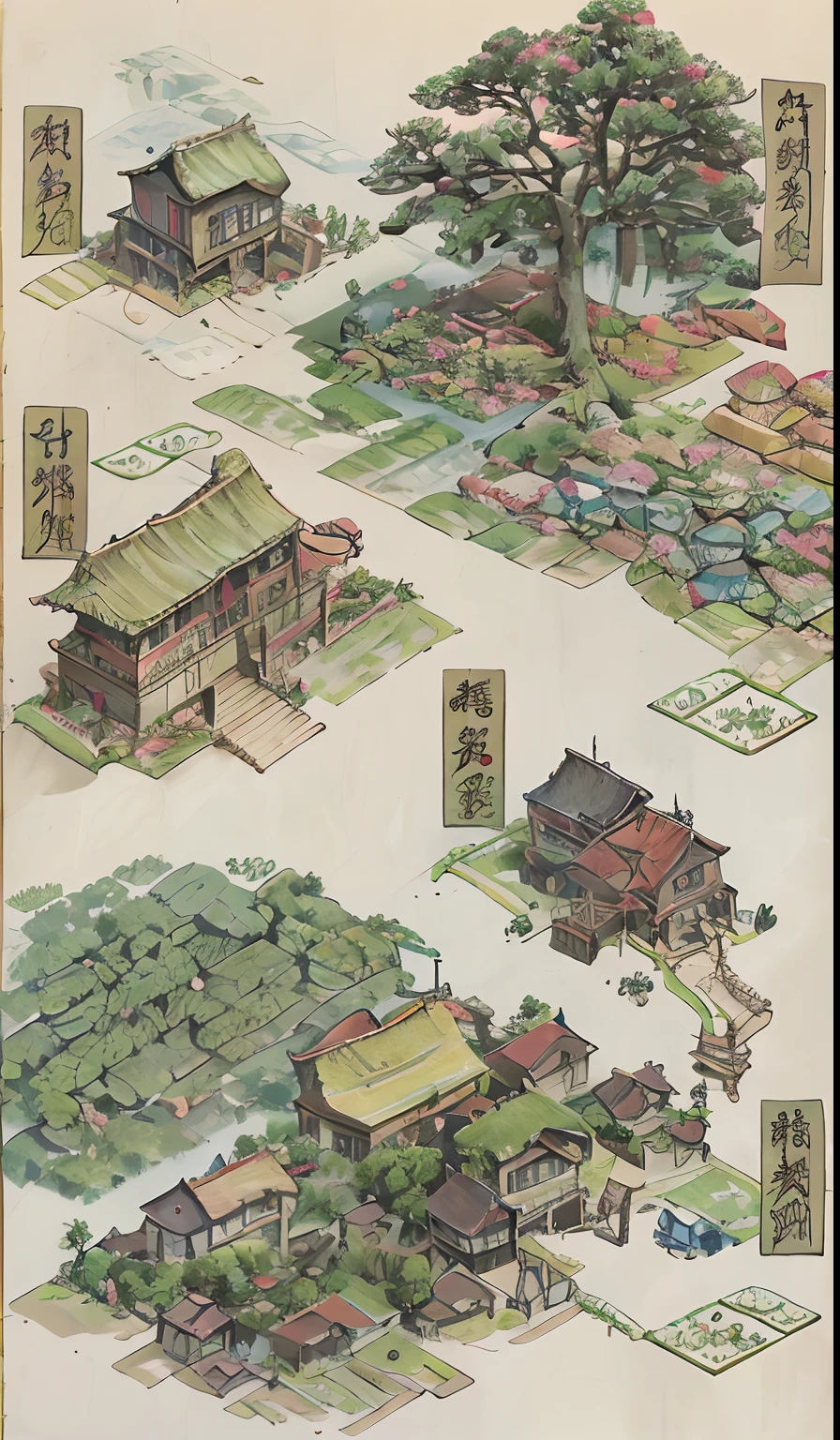 comic strip, Traditional Chinese concept art, Chinese village, pastoral environment, Chinese village, Old ethnic style village, Chinese style illustration, Pintura em grande estilo, Ethnic villages, Ethnic villages and towns, Idyllic game,game screenshot,The city is full of diversity,Vegetable garden,Tea set,Small courtyard,The tree