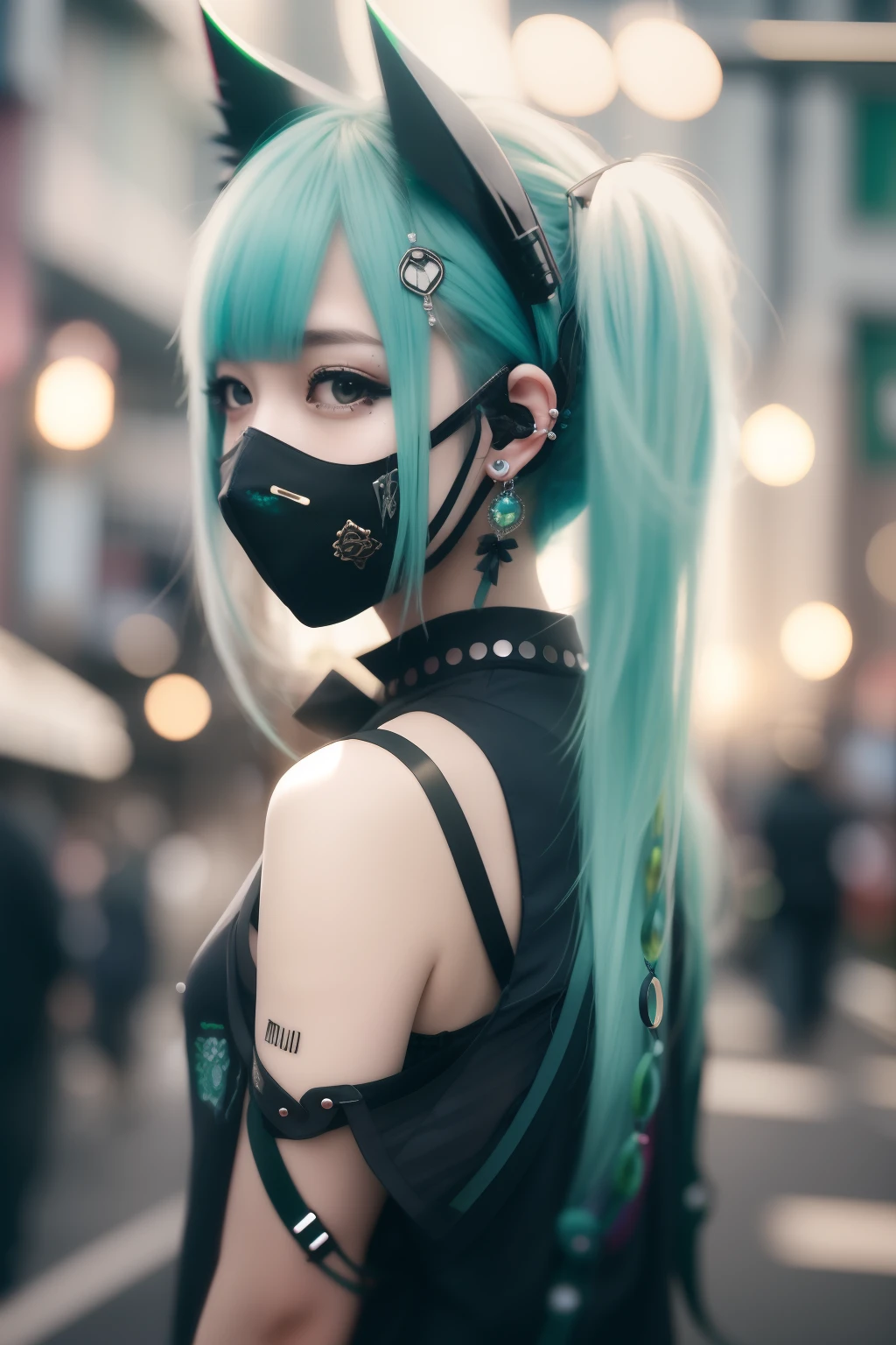 miku hatsune、Sleeveless、head phone、Green hair、Green-haired、goth_punk, 1girl in, 独奏, medium shot, Walking in Harajuku, ((during night)), bokeh dof, Neon light, Iridescent eyes, starrysky, Black shiny hair, White eyebrows, Radiant hair, (iridescent red hair), 耳Nipple Ring, bangss, jewely, masks, bluntbangs, verd s eyes, Mouth mask, blurry backround, bblurry, hair adornments, Look at viewers, shorth hair, portraitures, side locks