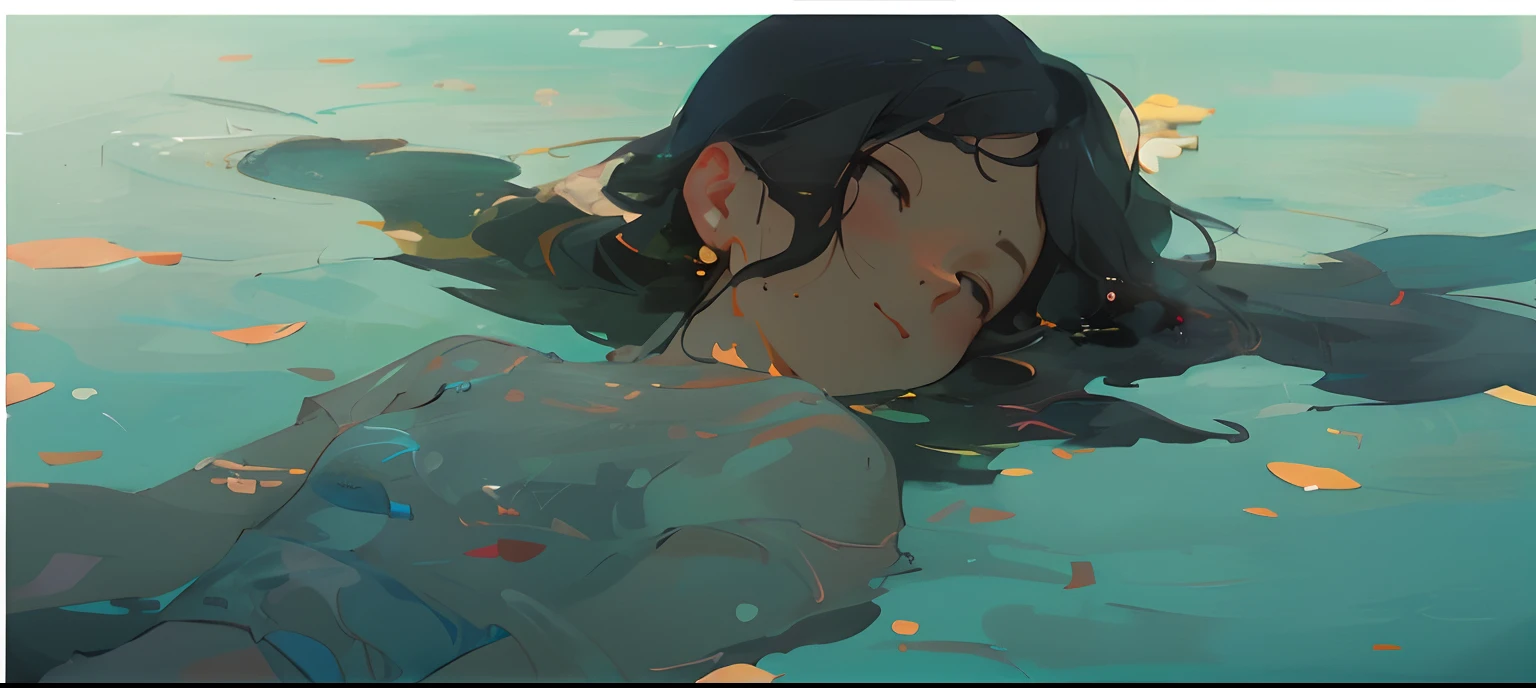 a drawing，A woman floats in a swimming pool，Head in water, by Atey Ghailan, Inspired by Atey ghailan, in style of atey ghailan, Artgerm and Atey Ghailan, atey ghailan 8 k, floating drowned, inspired by Ross Tran, Guviz-style artwork, brittney lee