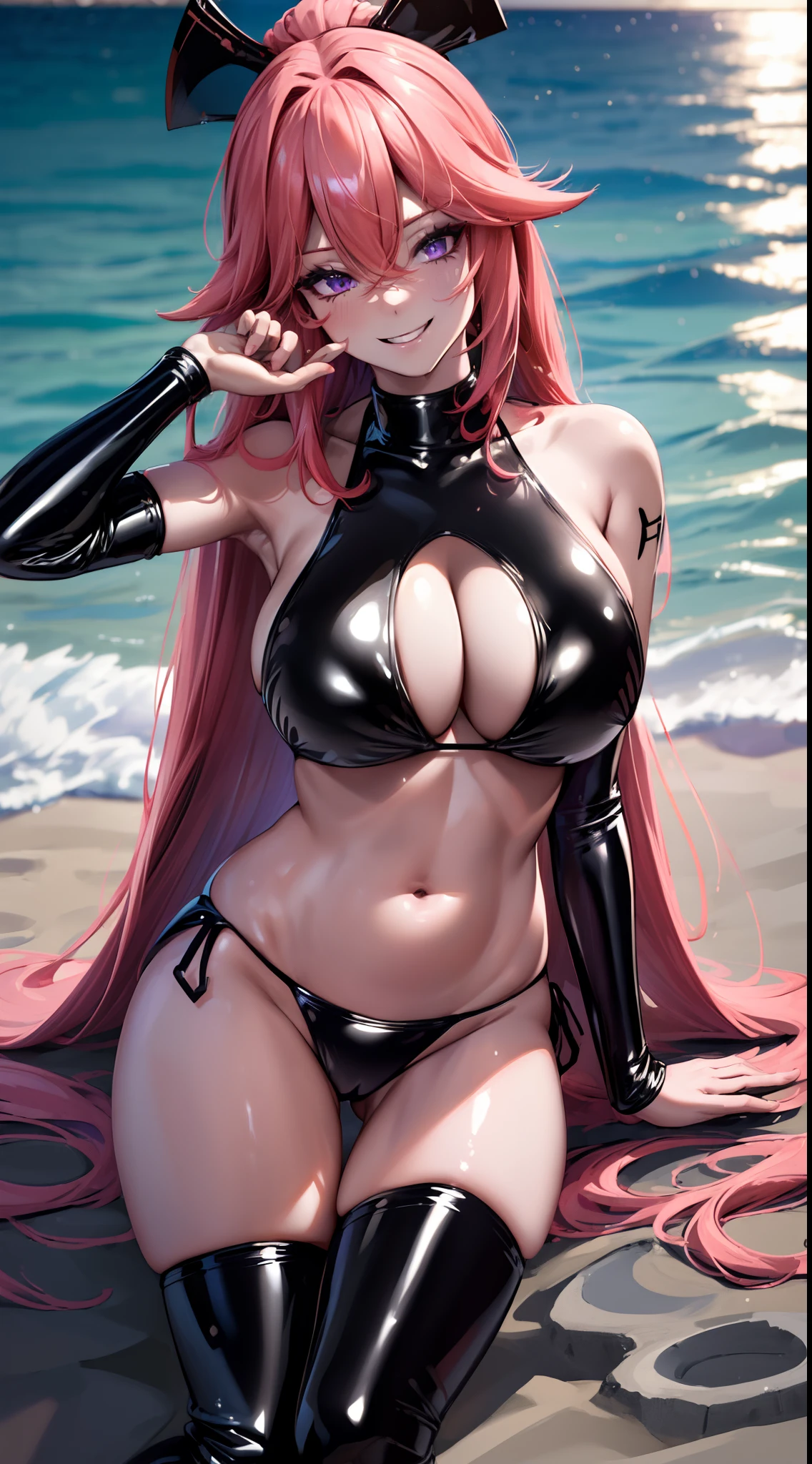 (Yaedef:1.4), 8k, highres, ultra detailed, (masterpiece:1.4), best quality, symmetrical body, topless, (black latex bikini bottom:1.4), cute, solo, long hair, pink hair, purple eyes, glow effect, finely eye, wide smile, detailed face, looking at viewer, smilling at viewer, on the beach, angled view, huge breasts, sitting