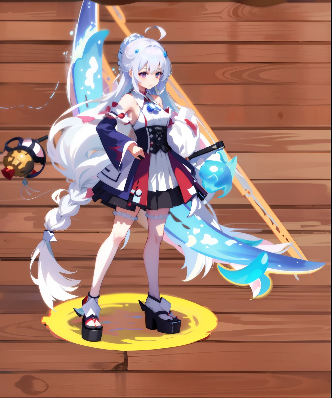 There is a photo of a woman in a dress and a sword, white-haired god, jellyfish shrine maiden 8k, lunar themed attire, jellyfish shrine maiden, astral witch clothes, azur lane style, style of magical girl, visual novel sprite, style of maple story, gear aurora, jellyfish priestess, magical shiny skin, A scene from the《azur lane》videogame