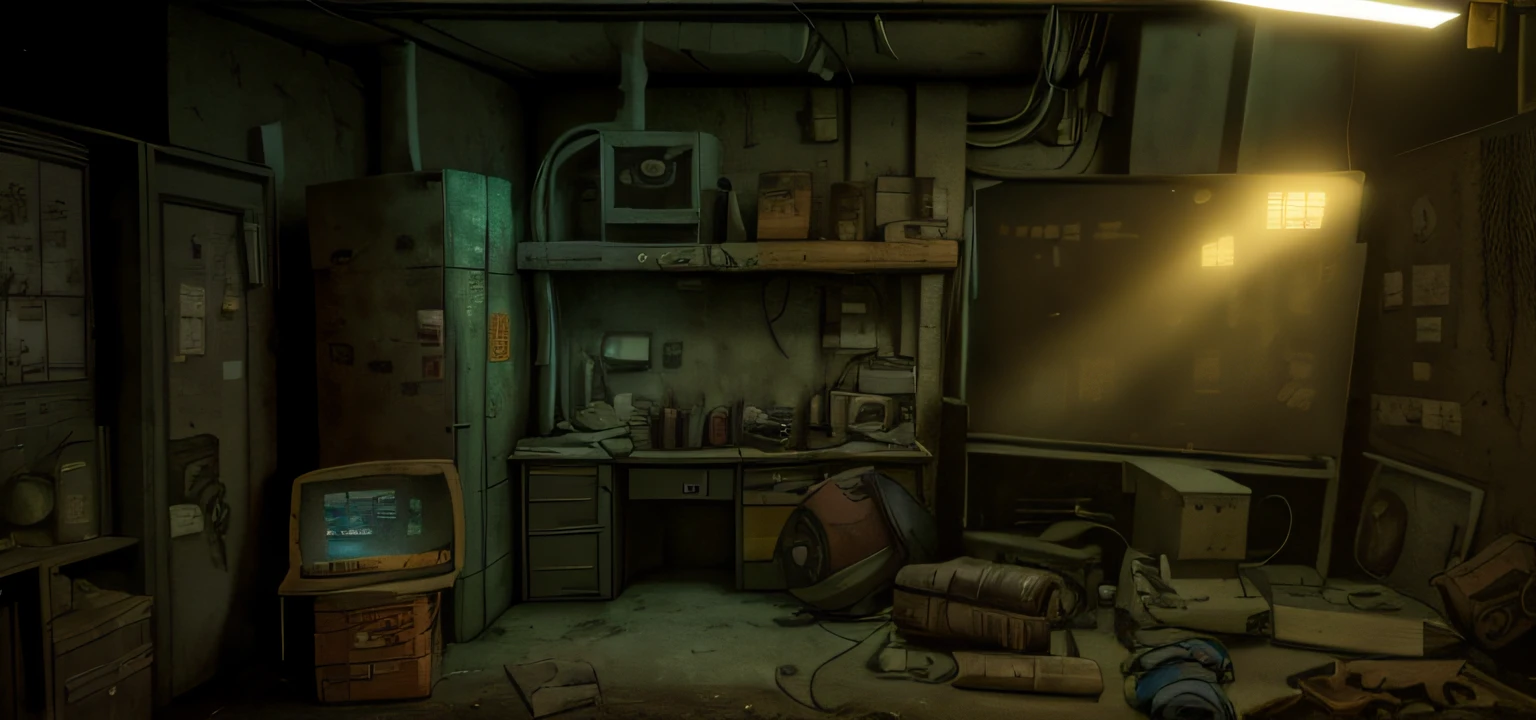 There was a room,There are a lot of old items on the floor, secret underground lab, Interior of the post-apocalyptic room, like a cyberpunk workshop, indoor lab scene, Dirty lab, secret shady laboratory, underground lab, an escape room in a small, illusory engine. retro film still, in a cluttered lab, mysterious laboratory, Chinese setting, Post-apocalyptic police department, Chinese basement