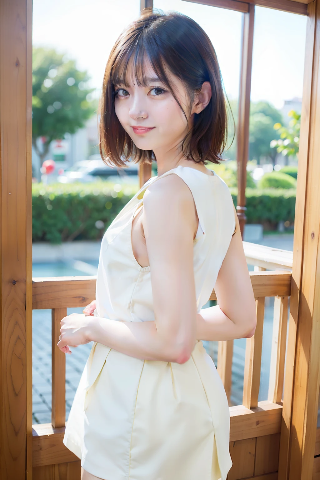Motion Picture Film Stills、One girl、is standing、、pale skin、innocent smiles、white stockings、((A detailed face))、(Detailed skin)、Moisturized、intricate-detail、Shallow depth of field、[Volume Fog]、电影灯光、Reflective backlight、Canon EOS R5、50mm Lens、F/2.8、nffsw、shot at 8k resolution