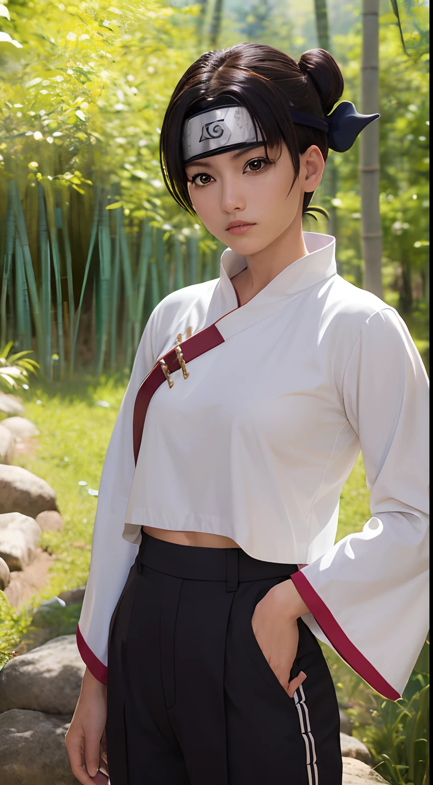 masterpiece, absurdres , (intricate details), (colorful),cinematic lighting,bust shot,extremely detailed CG unity 8k wallpaper,tenten\(shippuden\), 1girl, solo, hakama pants,white shirt, medium breasts, hand on hip,forehead protector, konohagakure symbol, headband,  looking at viewer, outdoors, bamboo forest,  frown,