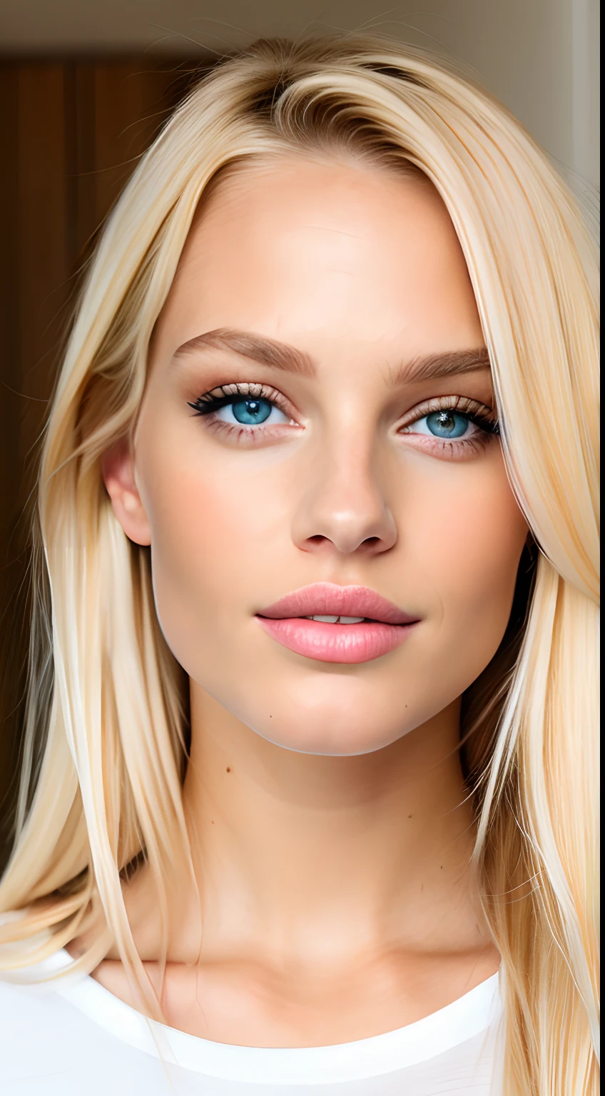 Beautiful woman, blonde, wonderful face, beautiful lips, flashy woman, two nose anomaly, decent clothes, realistic portrait, looking like skin pores