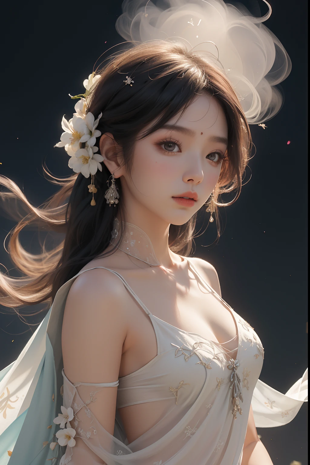 NSFW, Zhongfeng Hua, 1 Girl, Solo, Hanfu, ancient_chinese_architecture, Flower Garden, Flower Garden, Flower, (White Smoke:1.3) (Photorealistic:1.4), Zentangle, Mandala, Intertwined, Official Art, Unity 8K Wallpaper, Ultra Detailed, Beautiful and Aesthetic, Masterpiece,Top Quality, (Dynamic Angle:1.4), Glowing Skin, ( Floating colorful glow: 1) The most beautiful forms of chaos, elegant, brutalist design, bright colors, romanticism Depth of field exotic_dance, half_naked, too beautiful costume with beautiful accessories and flowers Costumes, Countless petals fluttering, costume fabric fluttering complex background, small light sources fluttering, divine background
