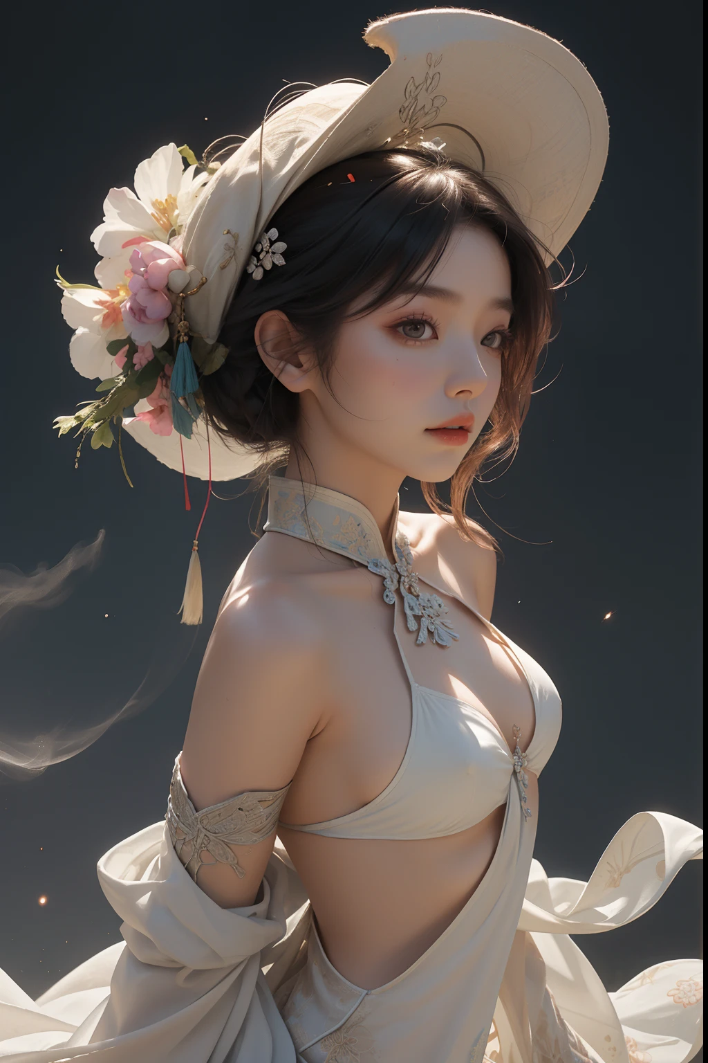 nsfw, zhongfenghua, 1girl, solo, hanfu, ancient_chinese_architecture, flower field, blossom, (white smoke:1.3) (photorealistic:1.4), zentangle, mandala, entangle, official art, unity 8k wallpaper, ultra detailed, beautiful and aesthetic, masterpiece,best quality, (dynamic angle:1.4), glowing skin, (floating colorful sparkles:1) the most beautiful form of chaos, elegant, a brutalist designed, vivid colours, romanticism depth of field exotic_dance, half_naked