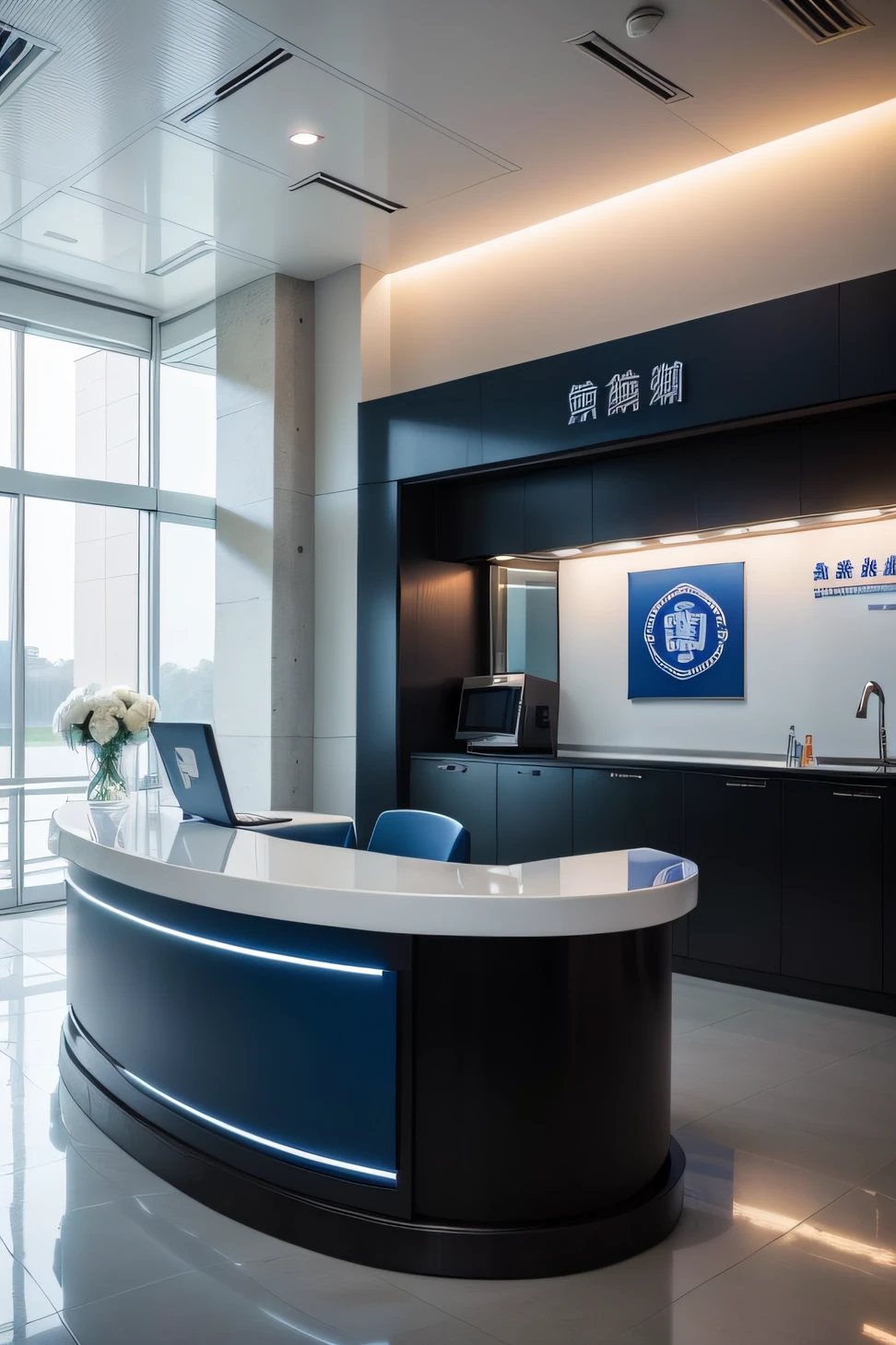 There is a blue and white reception,There is a reception desk in a central location,The color of the reception desk is blue and white,The overall shape is curved,And there is a logo on the front,The logo is the consultation desk of Jiangbei Prison in Hubei Province