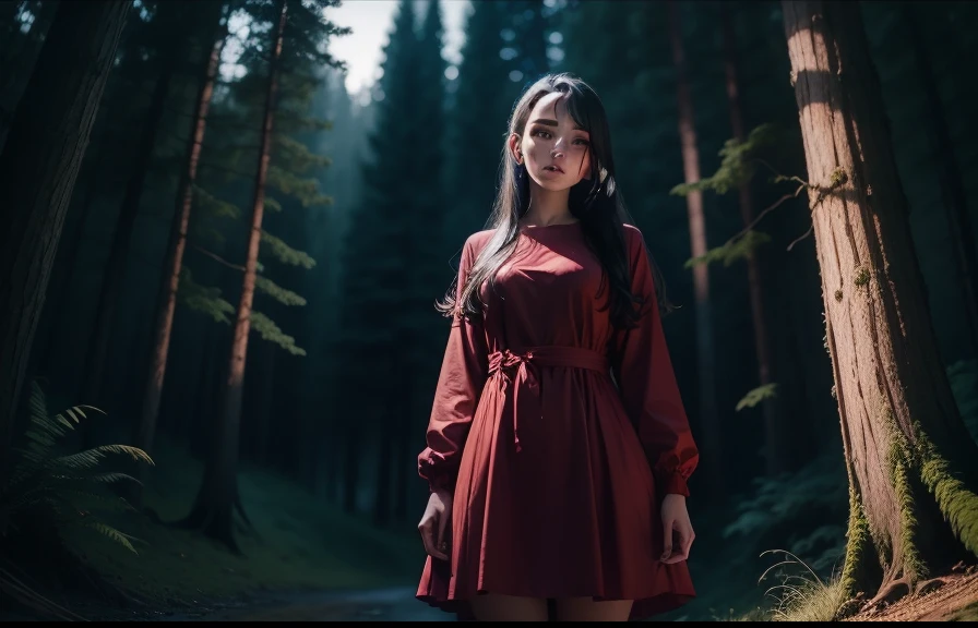 19-year-old woman in red dress in forest with night sky
