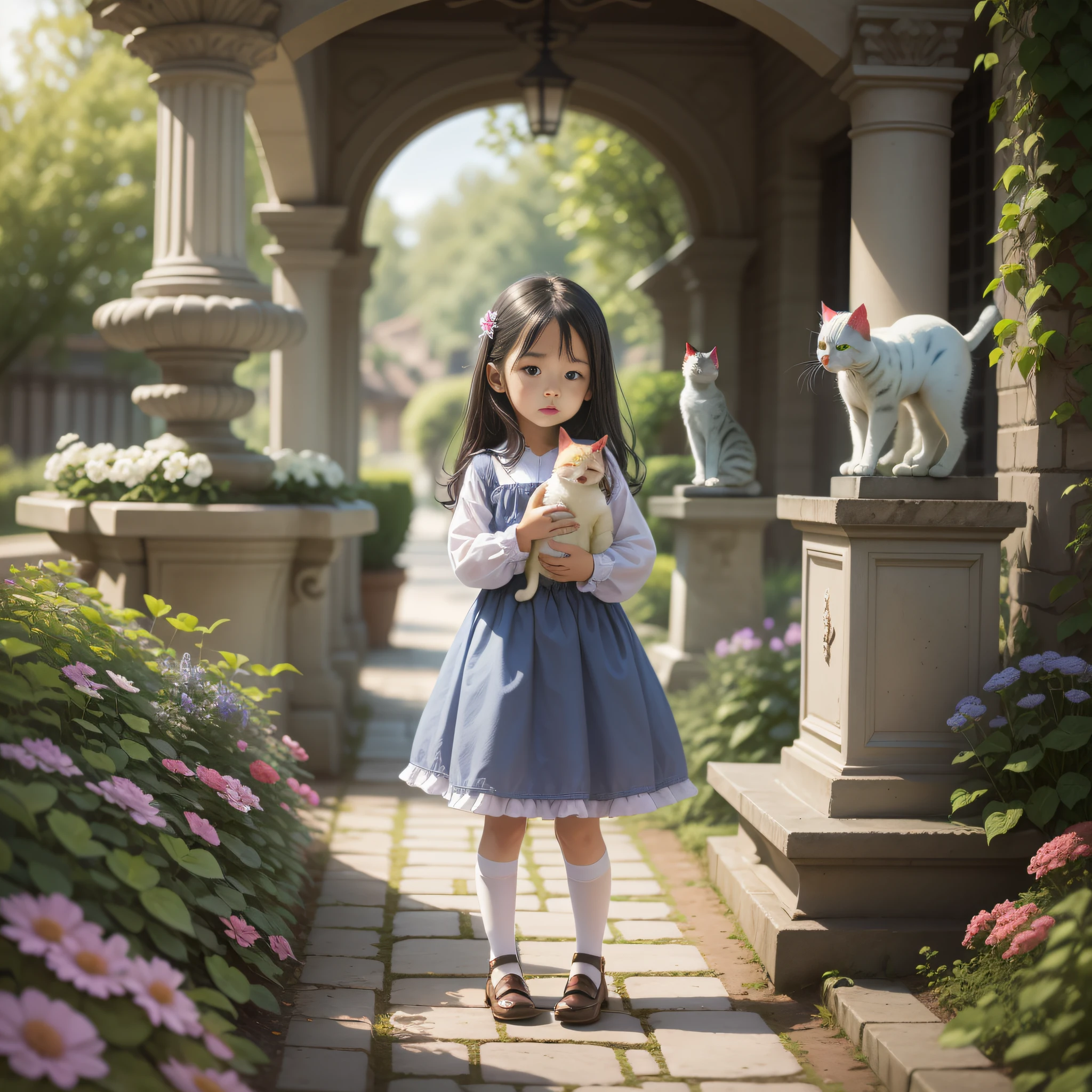 Little girl, And white cat in the garden, There are flowers, There are fountains.