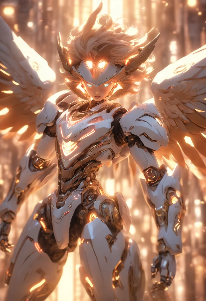 (Full body shot:1.4),(wide - angle shot), (Intricate details:1.4), (Masterpiece) , ((anime robots, Beautiful white-skinned puppet, angel, 1boys, magic)), (Perfect aesthetic eyes:1.3) , (Detailed eyes) , (Halo) , (Eldon ring:1.4), (Wings:1.3), Glowing, twintails hair, multicolored hair, (Anatomically correct body:1.4) , Angry, (Perfect face), Sarnyo Ankaragorn Majestic guardian knight | Ultra-fine robot armor | Cinematic lighting | intricate filigree metal design | 16k | Unreal Engine 5 | rendering by octane | 。.3D, (Anatomically correct :1.4), (Ultra detailed, Fantasy background, Blush, Solo, Combat posture), (Magical Circle:1.3), lightning effects, (Ray tracing), Show your ability A.I., (Glowing eyes) , (particle glowing) , 16k wallpaper, Robot woman, Trends on Pintrest, author：Nimox S., hyper HD