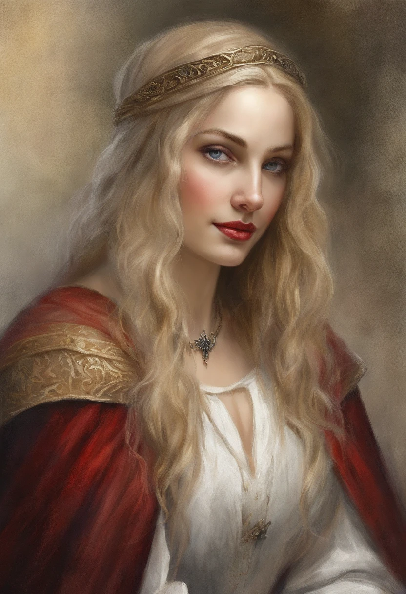 cinematic ligh《Dracula is unknown》Portrait of a very beautiful young medieval woman in Mirena (2014), cinematic ligh《Dracula is unknown》The female figure of Mirena in Naka (2014), Sarah Garden has a very beautiful and slender face, Long blonde thick hair, Her hair shone with a golden glow, She wears beautiful medieval European costumes , White linen shirt,Elbow sleeves, Dark gray corset, A low, wide red belt wrapped around her waist,From Dracula I can't count (2014), Blue eyes, There are dark gray shades on the eyelids, Long thick black eyelashes, Protruding cheekbones, Beautiful sexy red lips, Around the 15th century, medieval times, This woman is twenty-six years old -