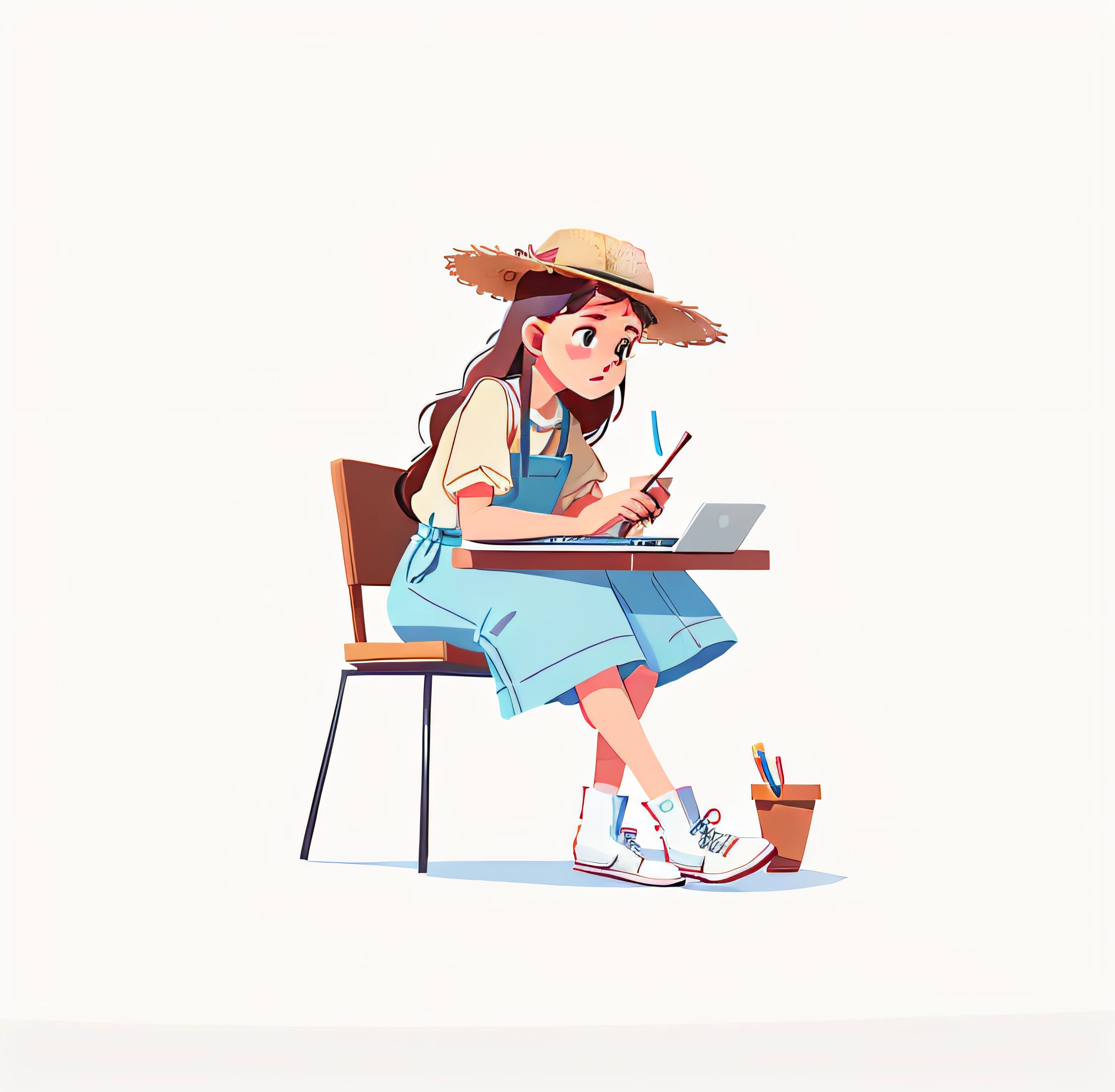 A woman sits at a table,Holding a laptop and straw hat, Simple and clean illustration, 2D illustration, 2 d illustration, Illustration style, Flat illustration, digital 2d illustration, 2d digital illustration, sitting in front of the computer, digital character illustration, minimalistic illustration, woman is sitting, animation illustrative style, Simple illustration, Detailed 2D illustration