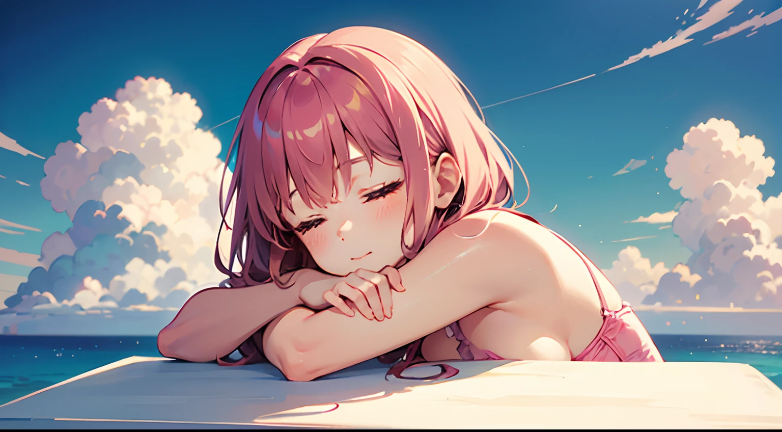 comic strip,Cute and cute 5 year old baby girl sleeping on beautiful fluffy clouds,anime big breast,on cloud,Pink,Detail enhancement,8K,super-fine,concept-art,number art