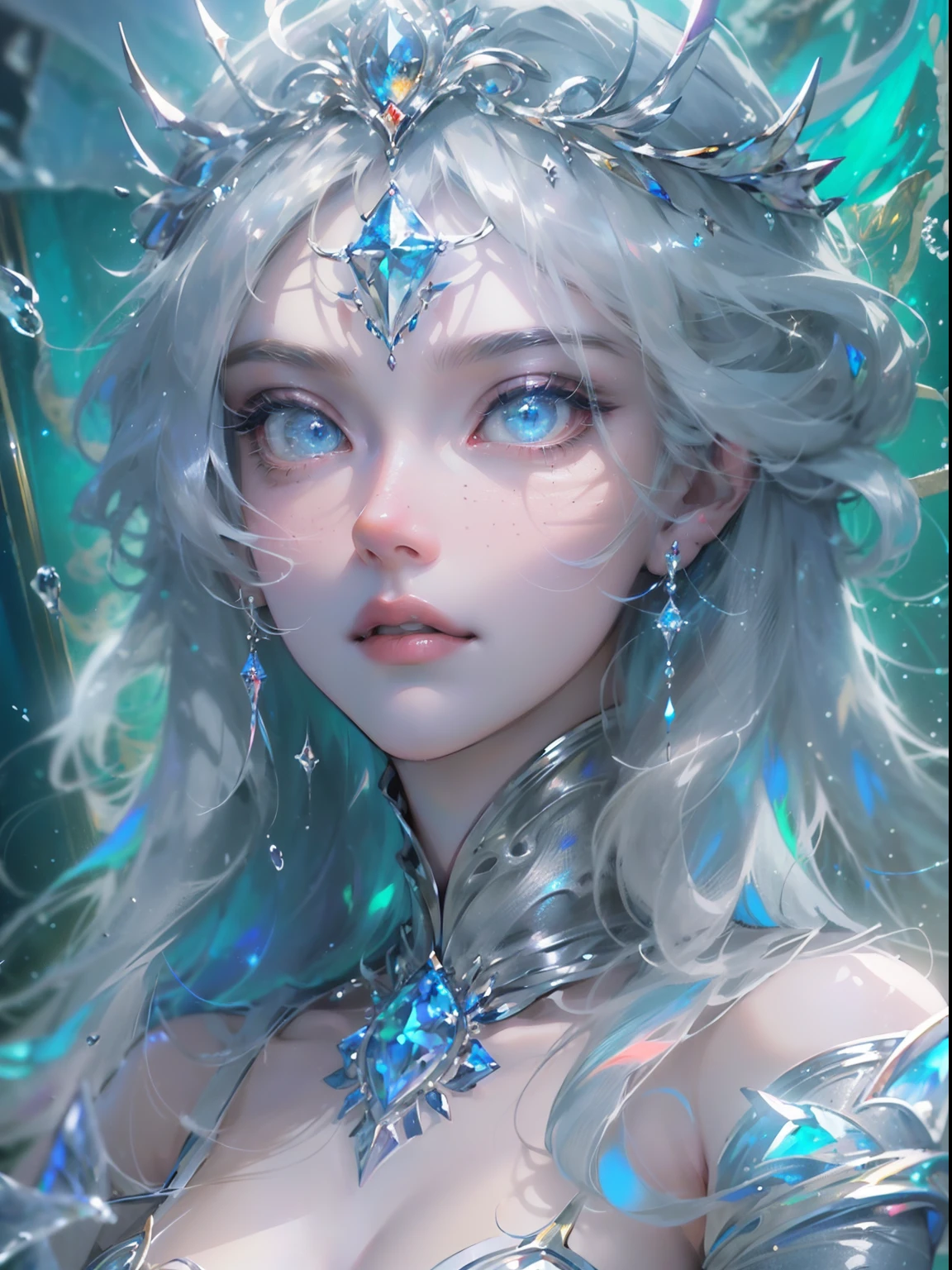 (((Masterpiece))), (((Best quality))), ((Ultra-detailed)),(Highly detailed CG illustration), ((An extremely delicate and beautiful)),Cinematic light, Create stunning fantasy artwork，Complicated details，queen of ice，whaite hair，medieval dress，full bodyesbian，blue color eyes（Eyes detailed），sparkle eyes，Ice World，Powerful power appearance、bravery、Enterprising and humanitarian