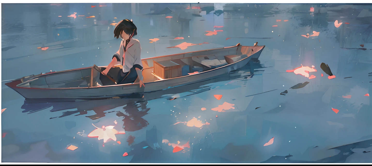 Anime scene of a woman on a boat floating on a lake, conrad roset and makoto shinkai, ( ( Makoto Shinkai ) ), in the style of makoto shinkai, pondering. By Makoto Shinkai, Makoto Shinkai's style, Makoto Shinkai Cyril Rolando, Makoto Shinkai!!, By Makoto Shinkai