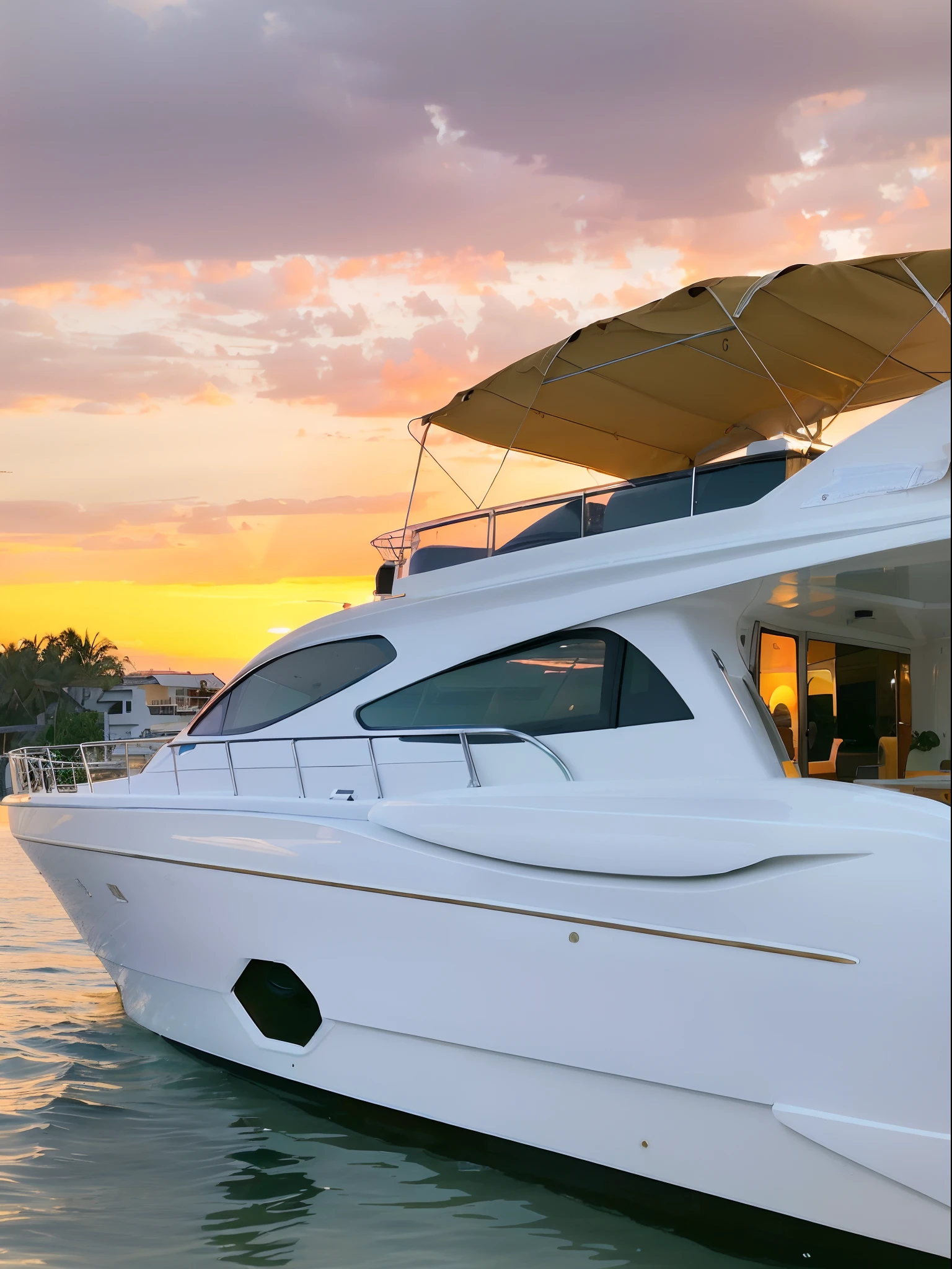 Araffed white boat in the water,The background is a yellow sky, on a super yacht, Sunset view, With sunset, late sunset, dusk setting, sunsettime, majestic masterpiece, On a yacht at sea, As night fell, Evening sunset, front view dramatic, At sunset, the sunset, day setting, low angle shot, dramatic masterpiece