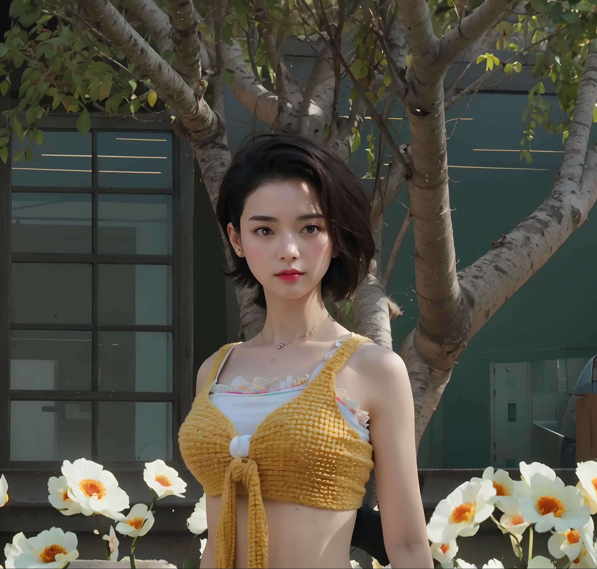 (Best quality, 8k, 32k, Masterpiece, UHD:1.2),Photo of Pretty Japanese woman, large breasts, very short bob hair,upper body,face focus,oversized_sweater, necklace, simple background, from above, looking at viewer,