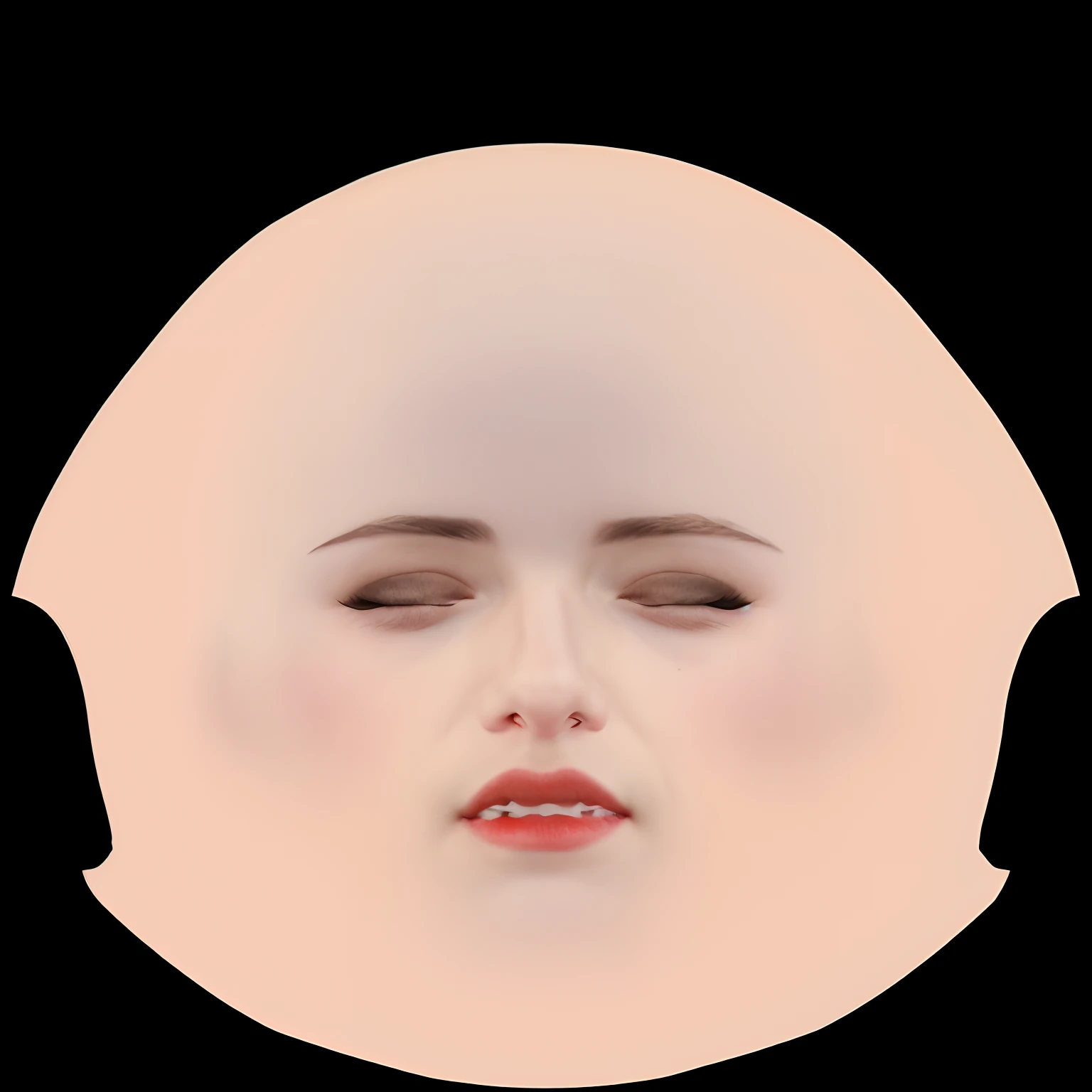 Close up of a person's face with a white head, realistically rendered face,(no_hair:1),bald_head,bald_head,bald girl,No sideburns,(closed_eyes:1.3,red lips, 8k,masterpiece,best quality,artbook,game_cg,wallpaper,85mm,depth of field,8k,ultra sharpness,rtx,octane,(no_light:1),(No shadows:0.5),