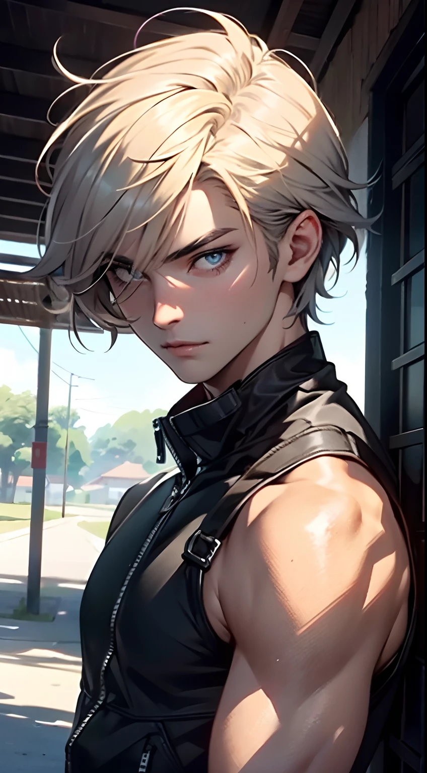 4K, high resolution, Best quality, Masterpiece, perfect colors, perfectly shaded, Perfect lighting, posted on e621, (by Chunie), anthro, ((Portrait)), （（Handsome man））, perfect male figure, short detailed hair，Wear men's shorts,Abs，musculature,Detailed face, Perfect face, (The stands up), Detailed background, ((Bonifasko lighting)),  (Detailed eyes), perfect pupils，suntanned skin