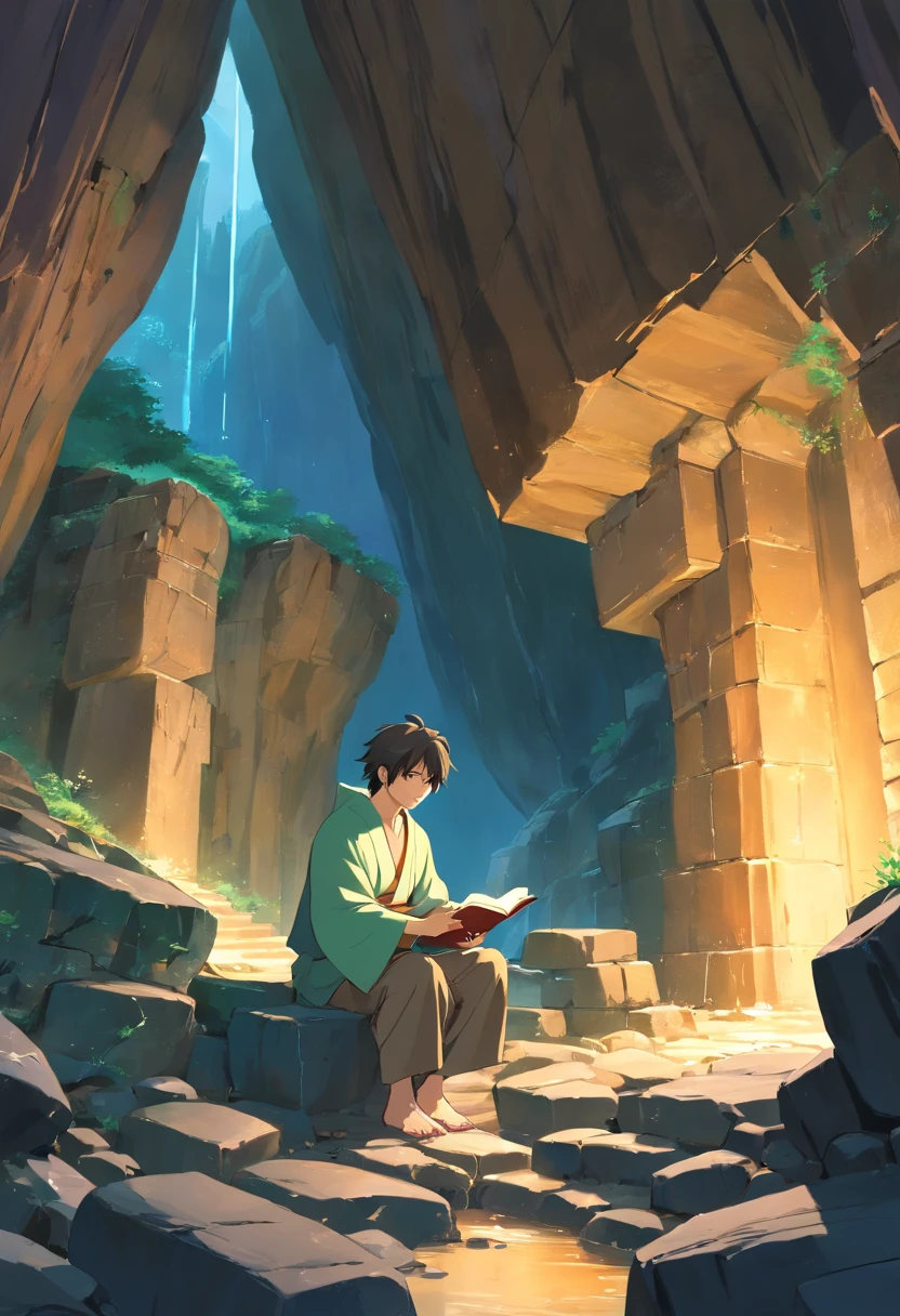 Imagem antiga, roupa judaica, homem judeu, Old Christian writing letters in a rocky cave with a lot of technology and extreme realism ((image depicting the apostle John)) obra-prima, melhor qualidade,