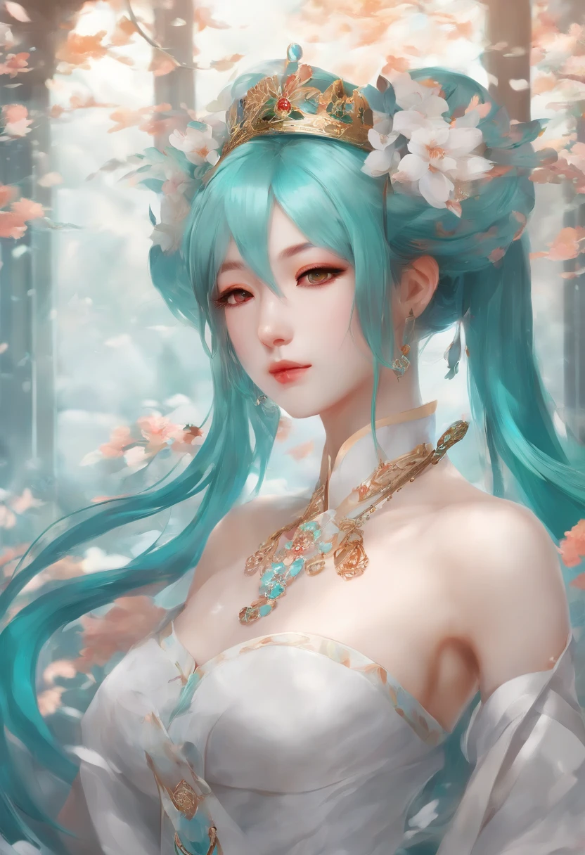 Big breasts Hatsune Miku,high saturated,a sense of atmosphere,quadratic element,Japanese painting style, A princess, White skin of the, Perfect skin details, Gradient hair, hight contrast
