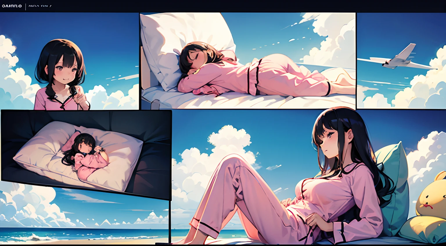 comic strip，Cute and cute 5 year old baby girl sleeping on beautiful fluffy clouds，anime big breast，on cloud，Pink pajamas，Detail enhancement，8K，super-fine，concept-art，number art