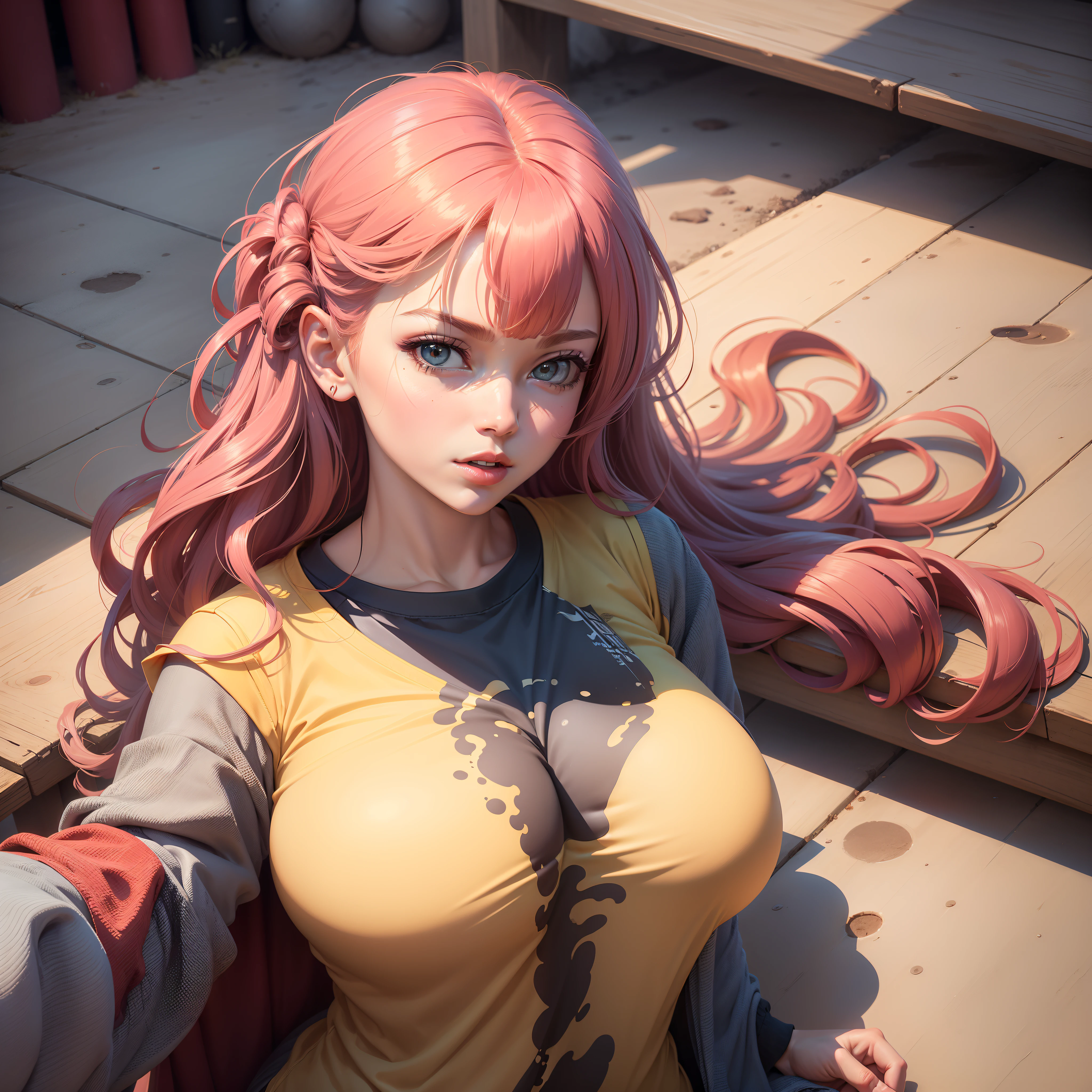 ((masterpiece)),(((best quality))),(character design sheet,Same role,frontage,Lateral face,on back),illustration,1个Giant Breast Girl,Hair color,By bangs,playground,female pervert,Shirt Shangyi,As estrelas