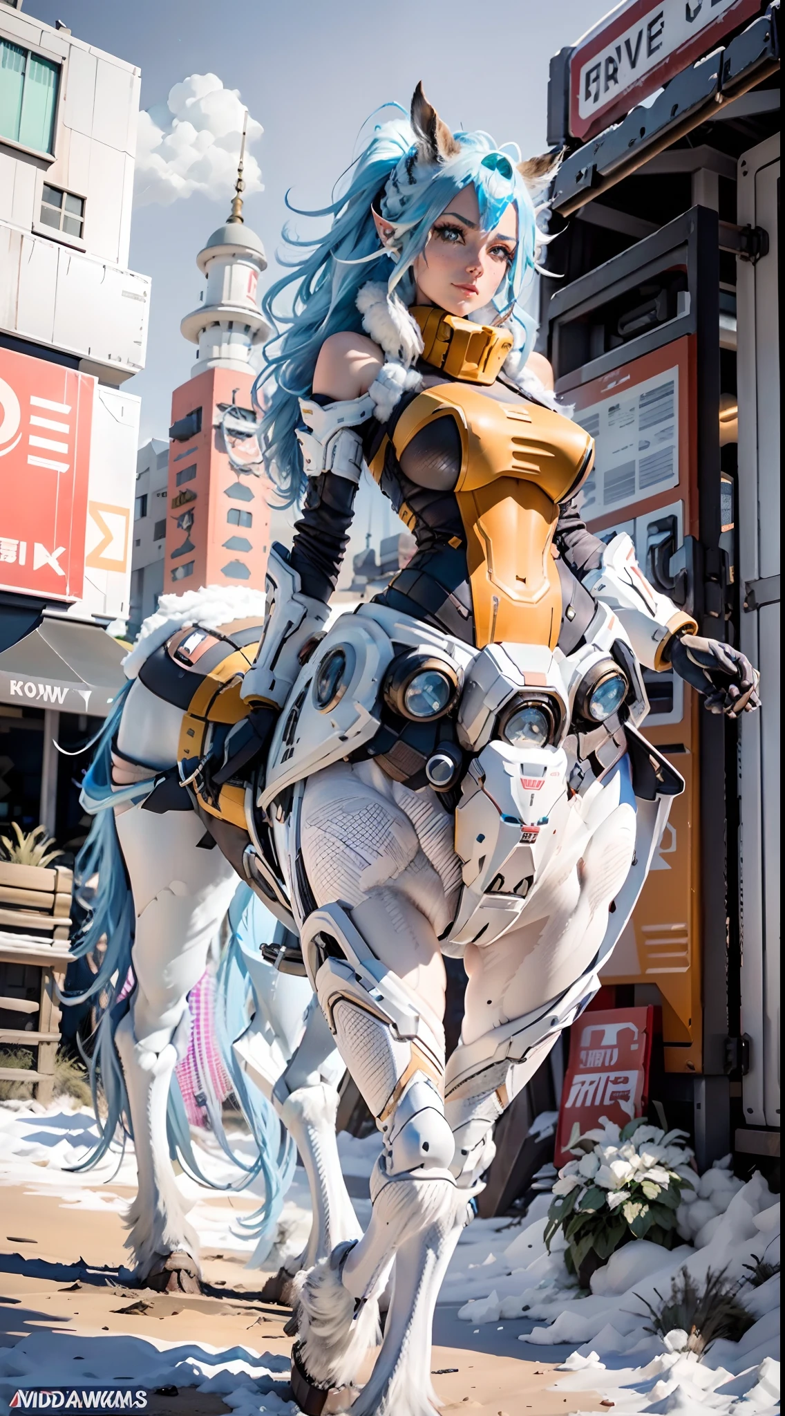 In a very grand scene,The extra-large wide-angle lens captures the appearance of a female centaur。She is tall,It has the ultimate curvy beauty,The muscles are slender and firm,Beautiful lines。Her facial features are tough and coquettish,Always with a sunny smile。She wears special tight-fitting equipment with a strong sense of technology,Step on multifunctional off-road style heels,Delicate and practical protective gear is worn on the hands, feet, wrists, neck and shoulders。The detection equipment around you flashes various cue lights and neon-like information screens,Let her exude a charming brilliance。Use Midjourney's advanced tools,Design special tight-fitting equipment for female centaurs,Highlight her unique physiological characteristics and appearance details,Add realism。And in her adventure scene,Spectacular views of nature,Such as the sky where storms and sunny days alternate、Brilliant rivers of stars and auroras、The snow-capped summit of Mount Everest、Fireworks in the mountain town, etc。ao mesmo tempo,Away from the hustle and bustle of Long Beach Pier is a neon-lit spaceship docked,Create a fantastic scene。Use Midjourney's advanced tools and multiple color palettes、Brush Strokes、Texture tools and model packages,It shows a sense of atmosphere where beauty and charm coexist。The charm of the female centaur is highlighted through color and lines,Enhance realism with detailing,Create a surreal dreamy feeling。Additionally,Use Midjourney's tools to add a variety of extreme sports gear and cultural trinkets to the female centaur,Create intricate hairstyles and outfits,Give her a sense of premium。She never flinches,Regardless of the terrain,can respond quickly,Even the extreme geography and dangerous terrain of aliens cannot stop her。Use Midjourney's powerful tools,You can do it with incredible detail and beauty,Bring this ultra-grand and beautiful scene to life。Ultra-grand scenes,super wide shot, hdr,(真实感,Masterpiece quality,best qualtiy),