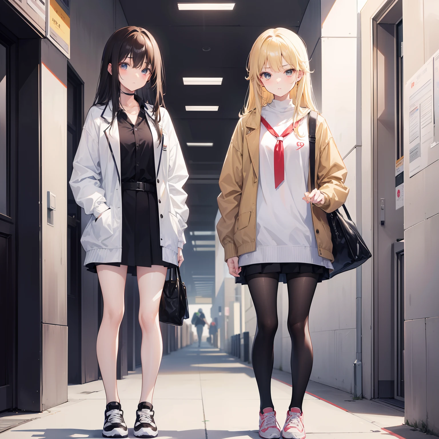 Create an image of two cute anime characters, Yori and Aina, standing in a college hallway. Yori is a beautiful black-haired girl with a lot of attitude. She is stylish and extroverted, and she is wearing a leather jacket, a white college shirt, a dark brown tie, and sneakers. She has a comfortable expression on her face. Aina is a beautiful blonde-haired girl who is shy and introverted. She is wearing a white college shirt, a dark brown college coat, a dark brown tie, and sneakers. She has an uncomfortable expression on her face. The two girls are standing with their faces in opposite directions.