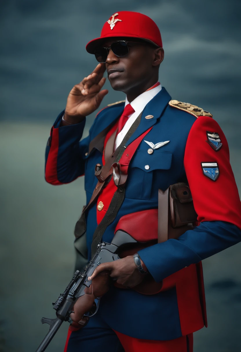 Blue camouflage suit,Red hat,Salute with gun