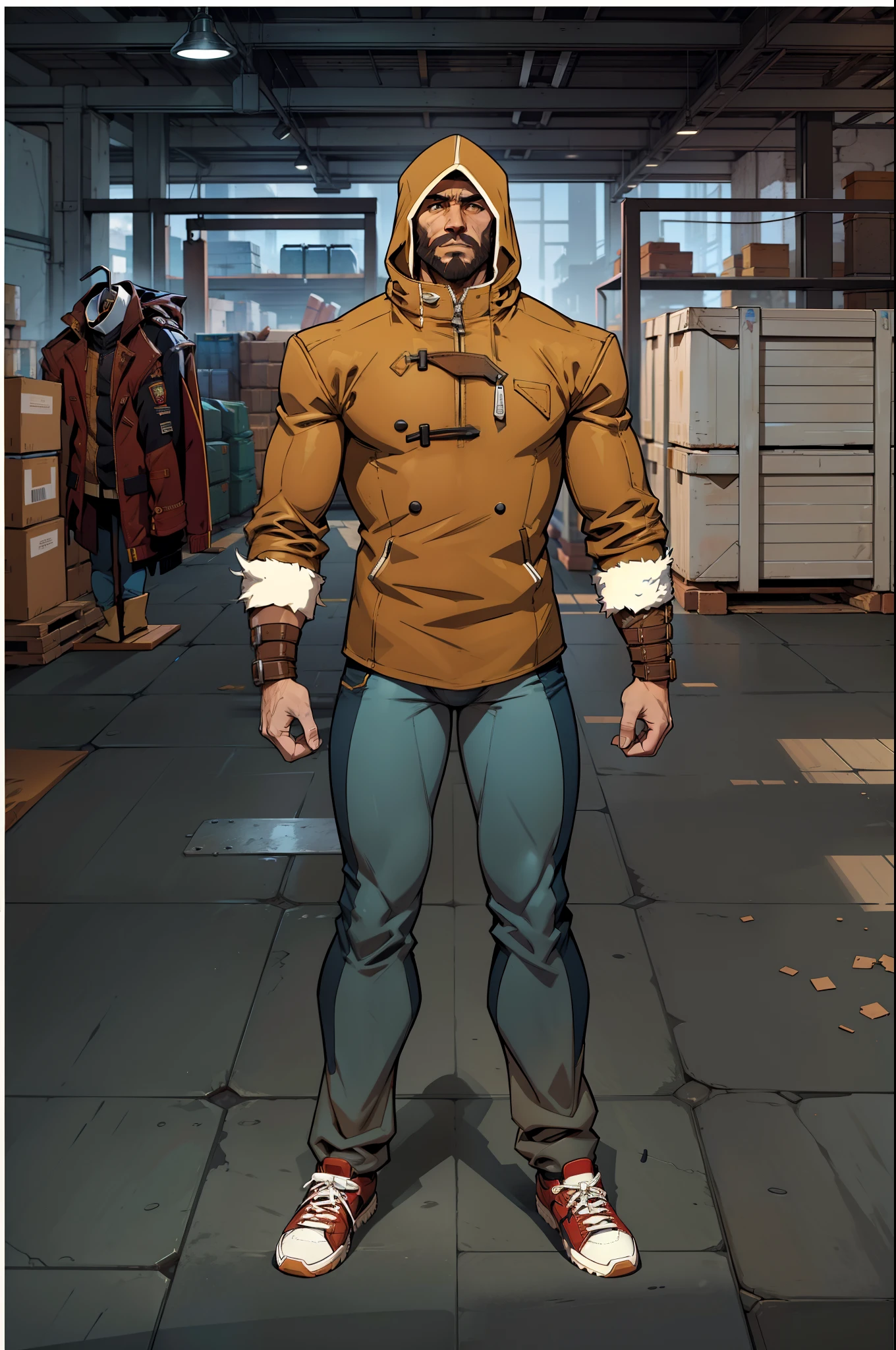 Homem barbudo, (jaqueta marrom com capuz, Iron arms hidden by jacket), estilo quadrinhos, cores quentes, warehouse at the bottom