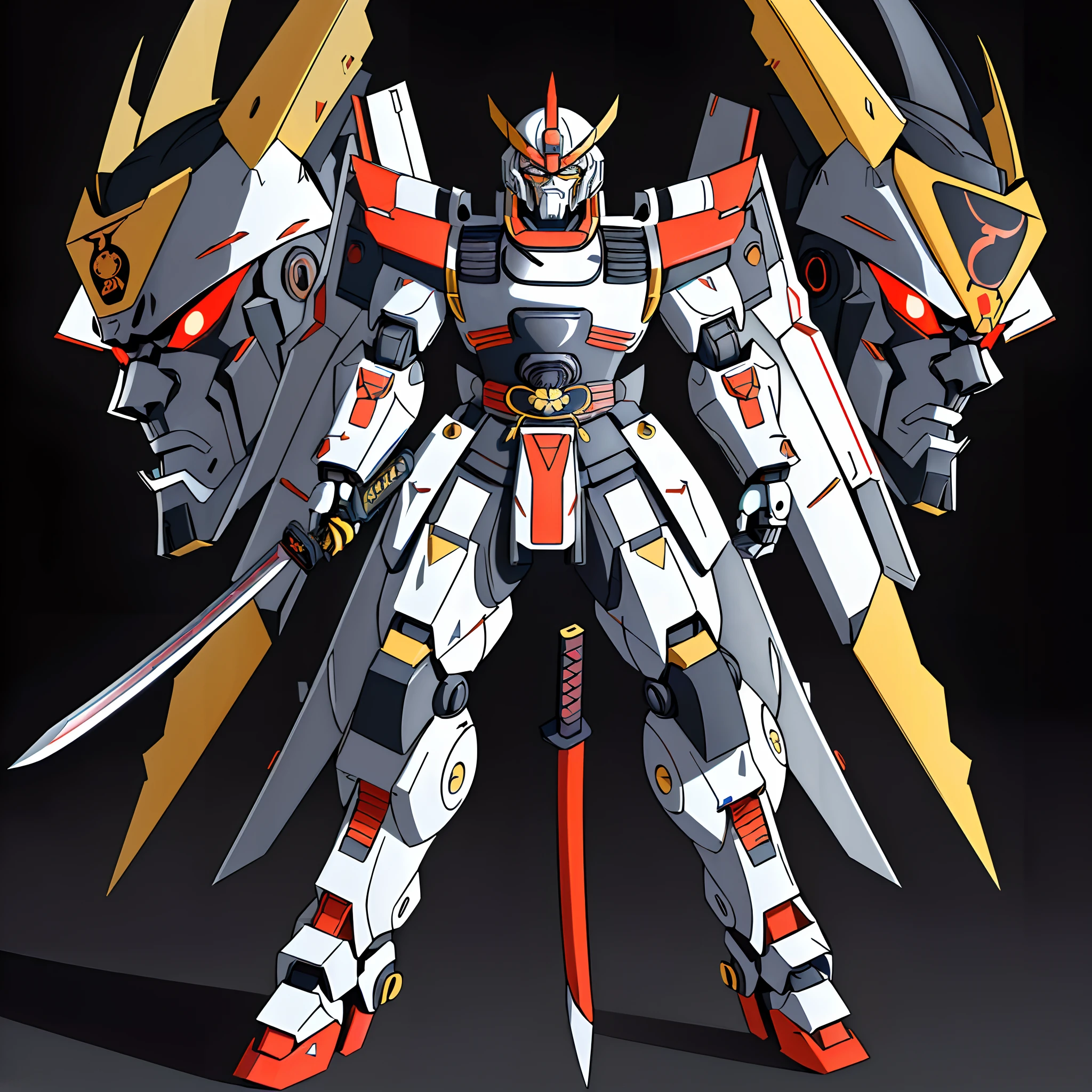((masterpiece)), best quality, A vintage, playful vectorized design of a (Techno Samurai: A futuristic samurai-inspired Mecha with a sleek, minimalist design. It wields a high-tech katana and moves with grace and precision, making it both deadly and captivating. (full body)), futuristic Mecha robot showing off his manliness