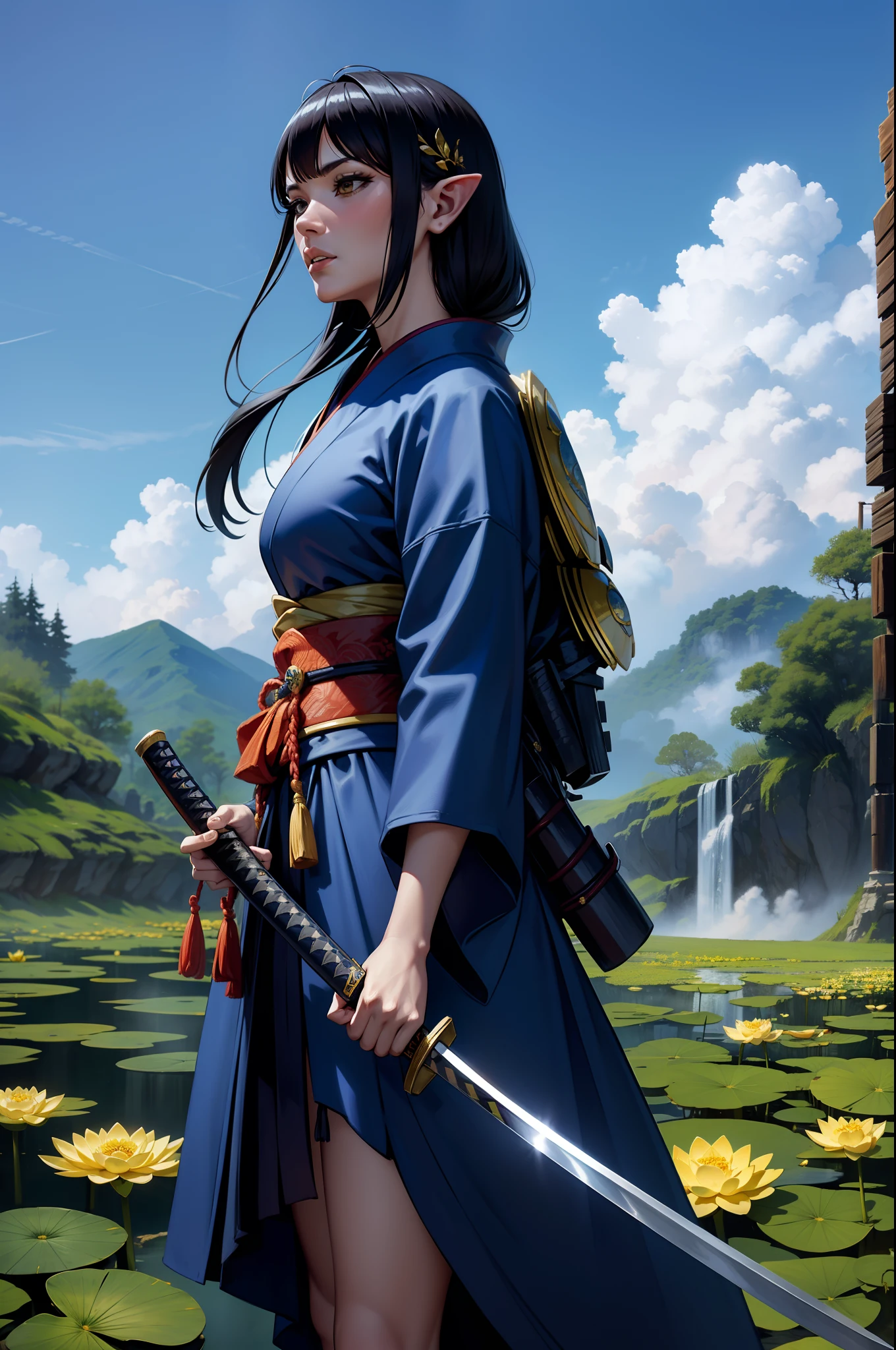 Elfo samurai usando kimono numa cidade na floresta com cachoeira, lotuses, com katana, cabelo preso, usando armadura, magnifica, 8k, dramatic scene, Blue sky full of clouds