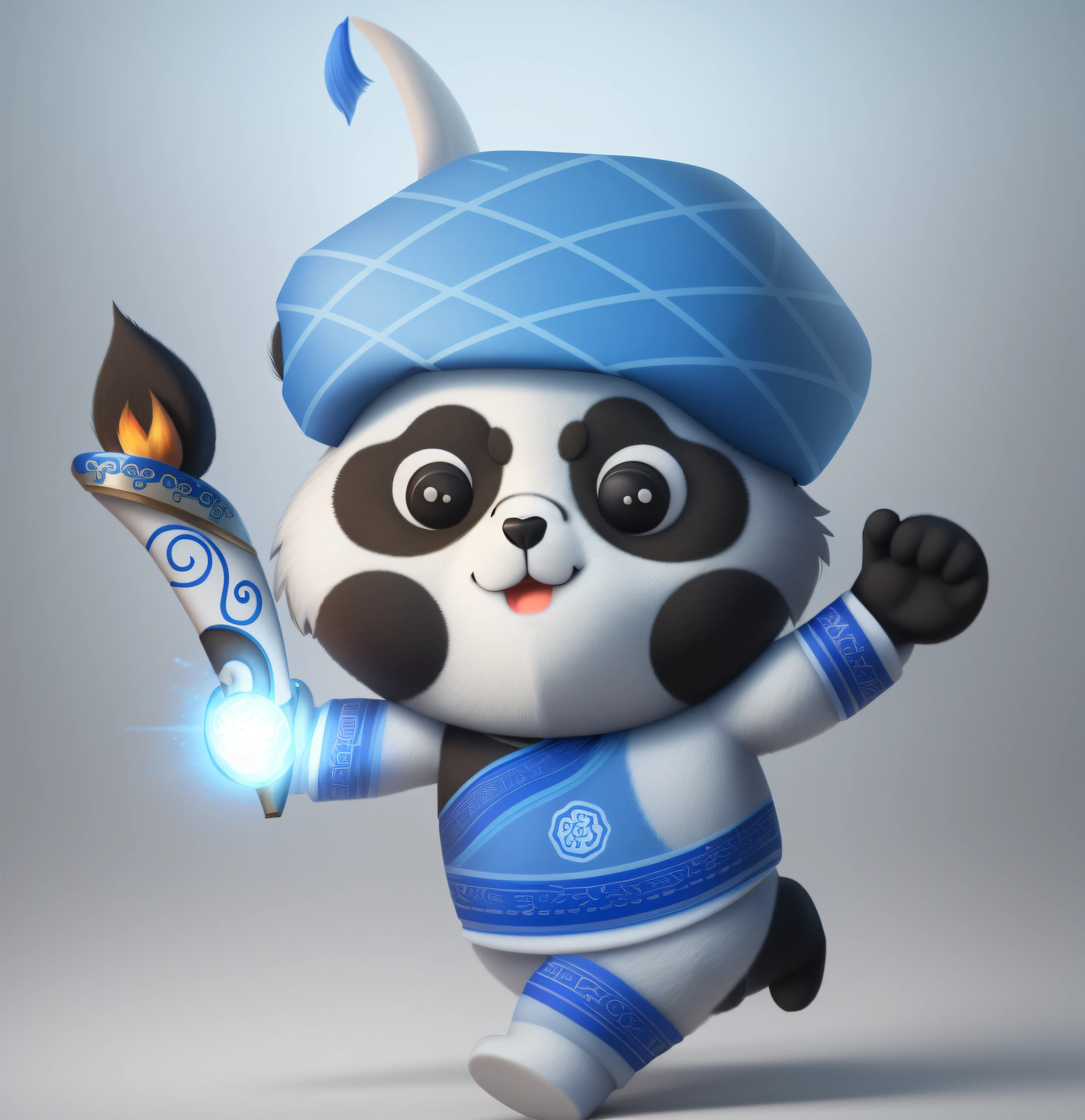 C4D modeling 3d character male panda，torch in hand，Wearing a blue Yi hat, Wearing blue patterns, white clothes, Yi ethnic style clothing, inspired by Fu Miao, inspired by Luo Mu, tian zi, inspired by Luo Ping, pan ren wei, panda panda panda, inspired by Pan Tianshou, mu pan, Cute panda, nanquan, Panda, inspired by Gong Xian, qiangshu, inspired by Zhu Da