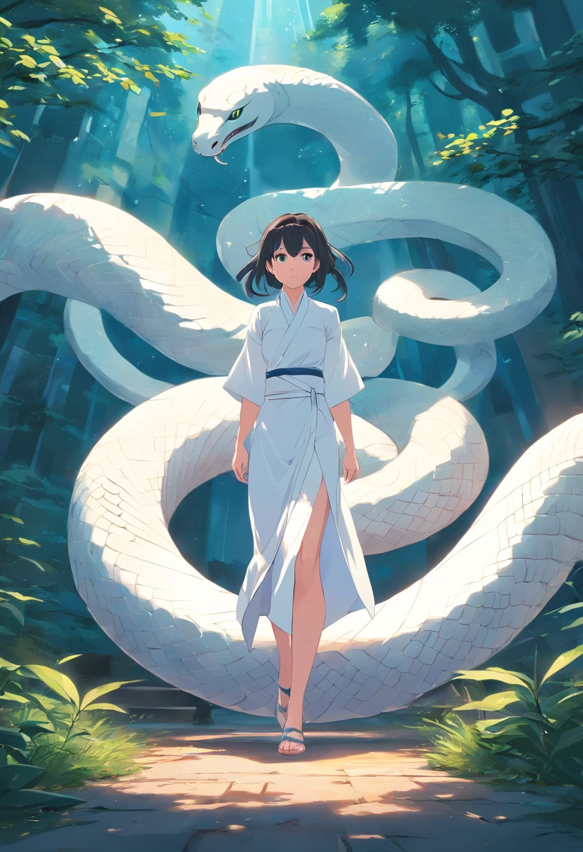 A large white snake slipped off，Mystical aura, surreal atmosphere,（Chinese Folk Suspense, terrorism, Supernatural cartoon style）， hyper quality，hyper HD，4K